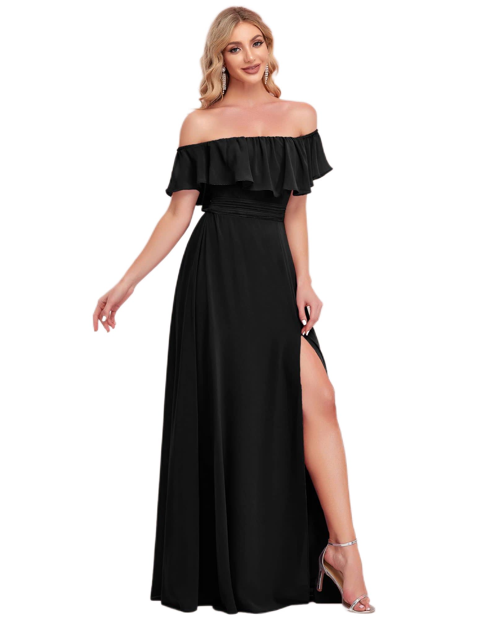 Women's Off Shoulder Ruffle Thigh Slit Bridesmaid Dresses | Black