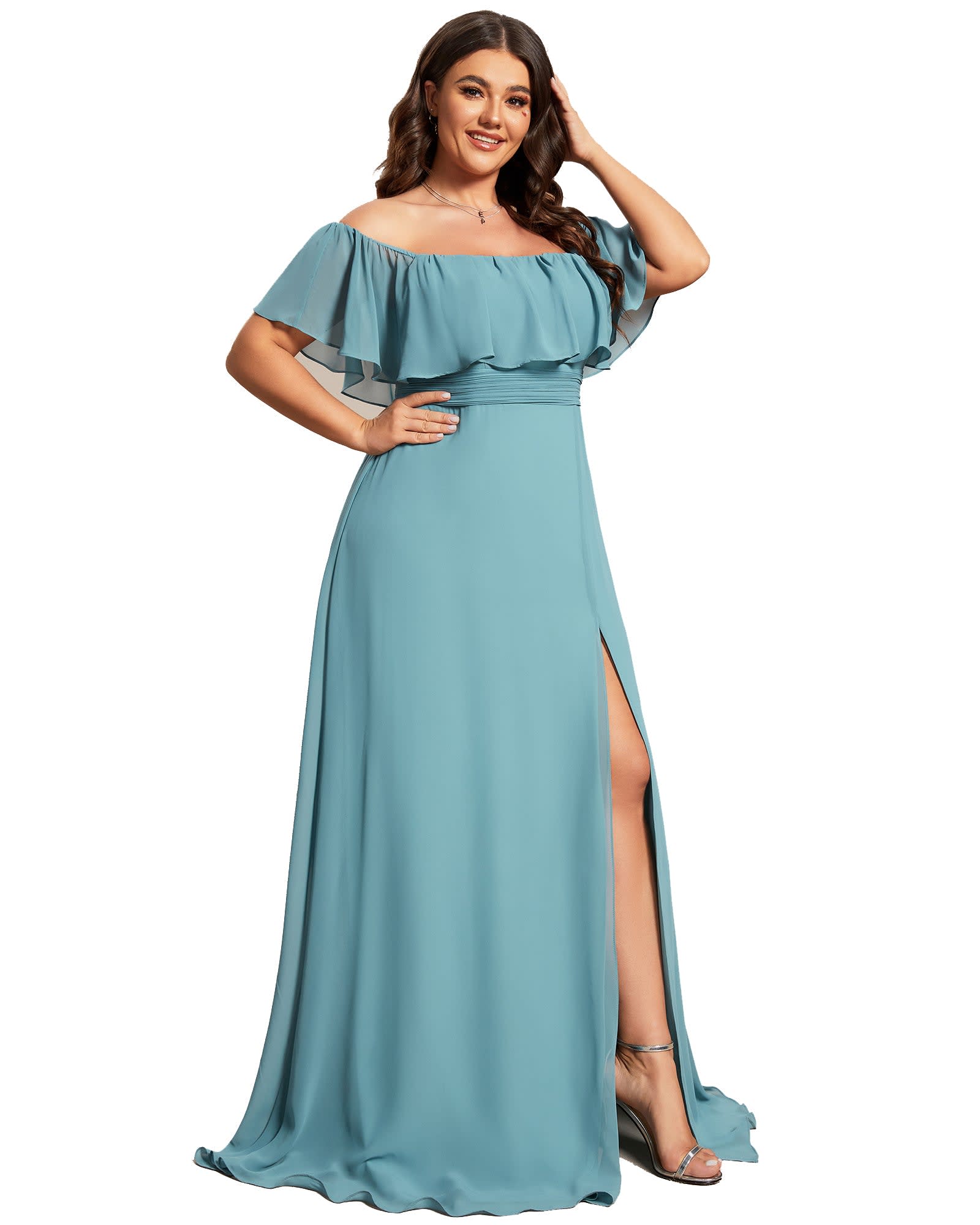 Women's Off Shoulder Ruffle Thigh Slit Bridesmaid Dresses | Dusty Blue
