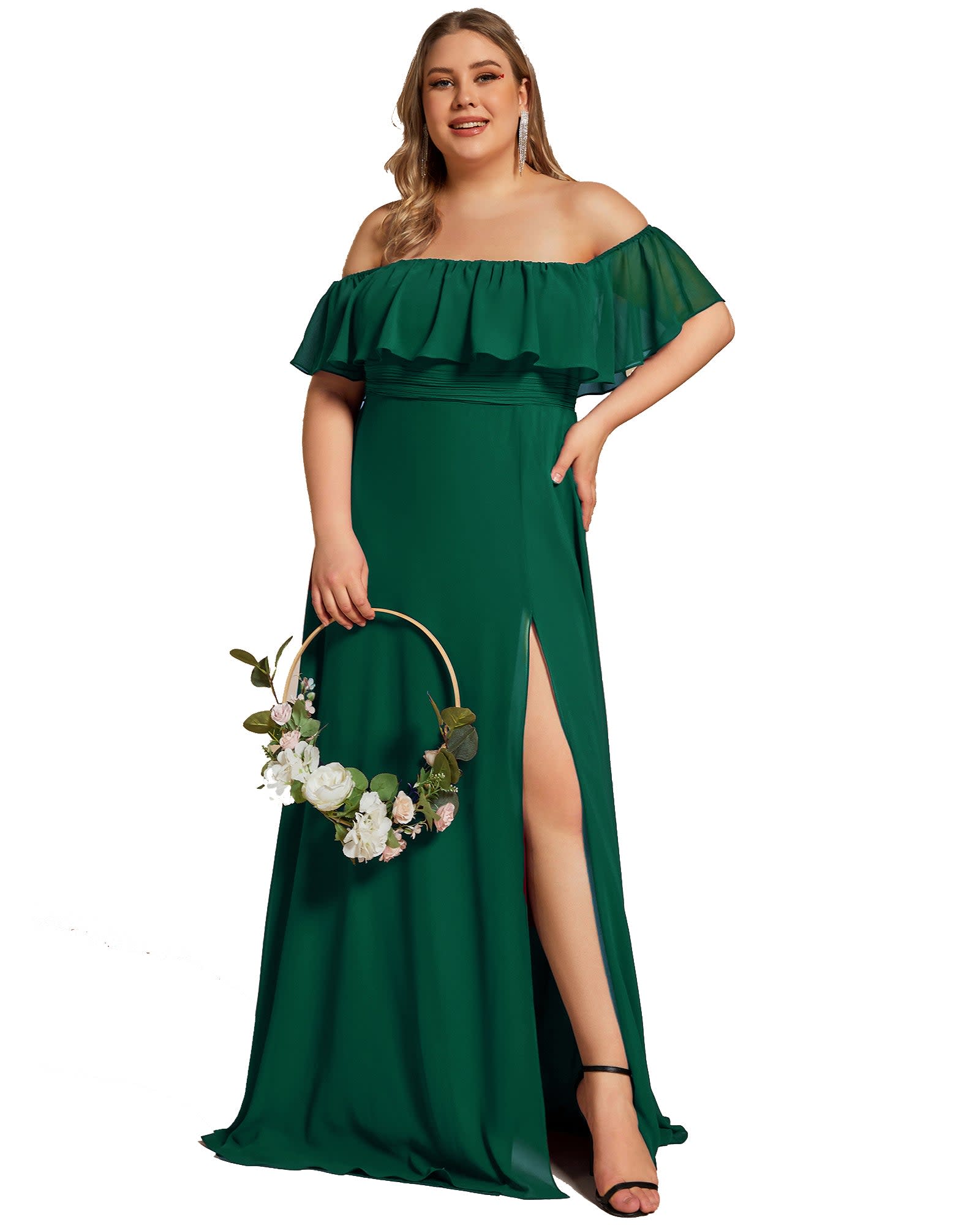 Women's Off Shoulder Ruffle Thigh Slit Bridesmaid Dresses | Dark Green