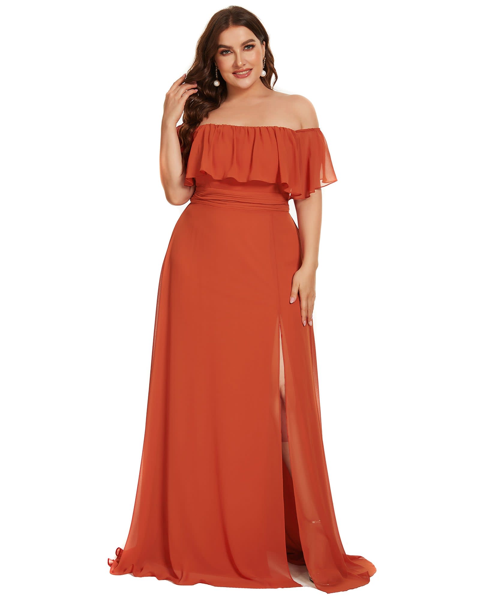 Women's Off Shoulder Ruffle Thigh Slit Bridesmaid Dresses | Burnt Orange