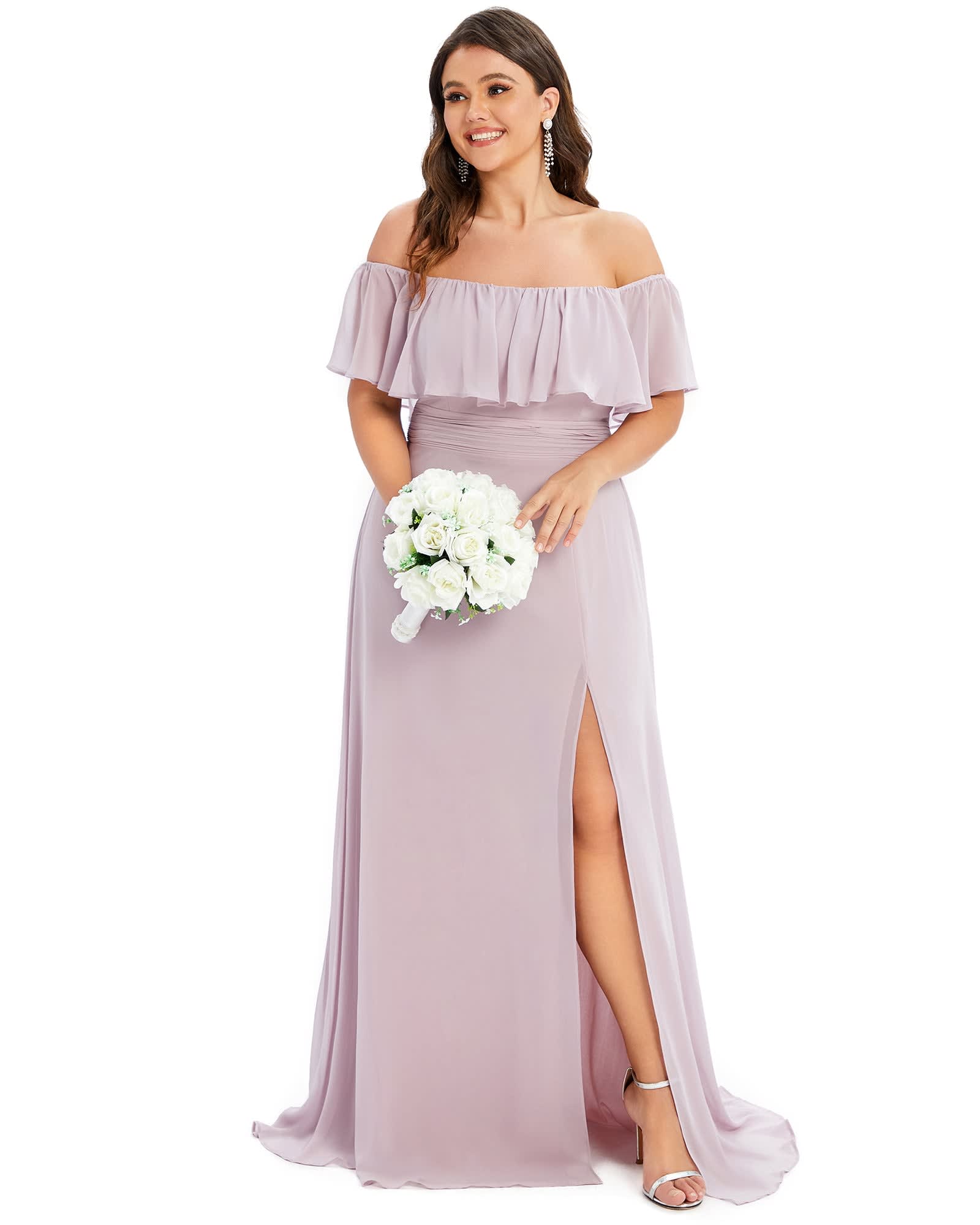 Women's Off Shoulder Ruffle Thigh Slit Bridesmaid Dresses | Lilac