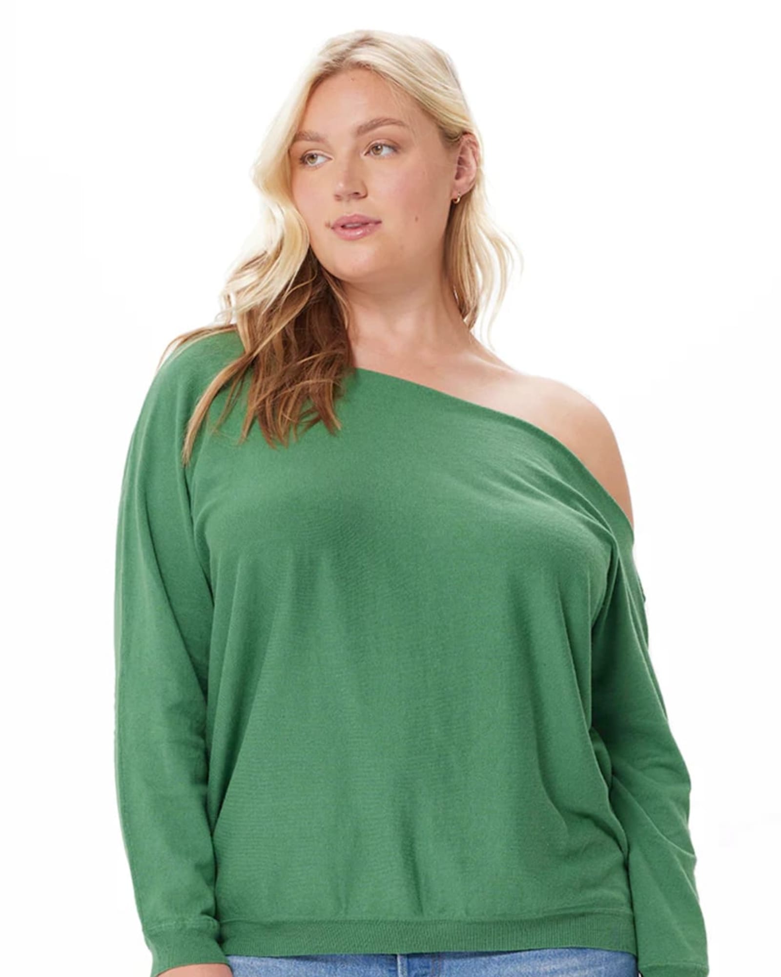 Cotton Cashmere Off The Shoulder Sweater | Golf Green