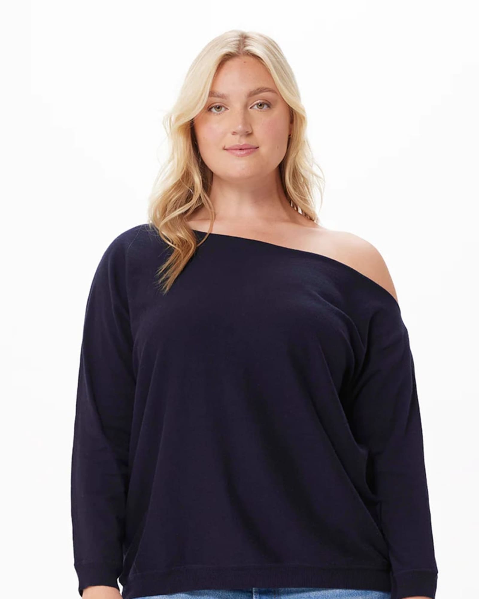 Cotton Cashmere Off The Shoulder Sweater | Navy