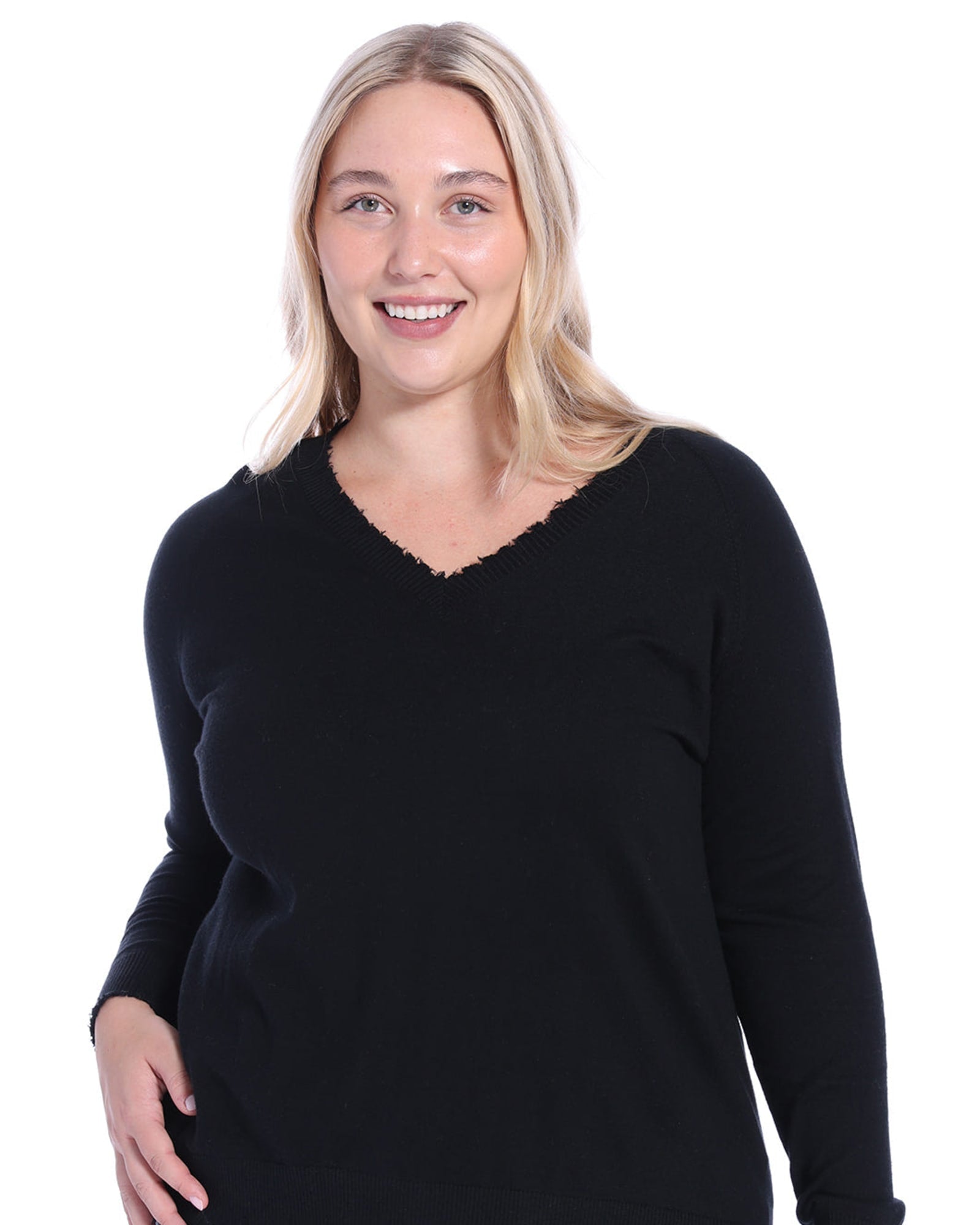 Cotton Cashmere Distressed Long Sleeve V-Neck Sweater | Black