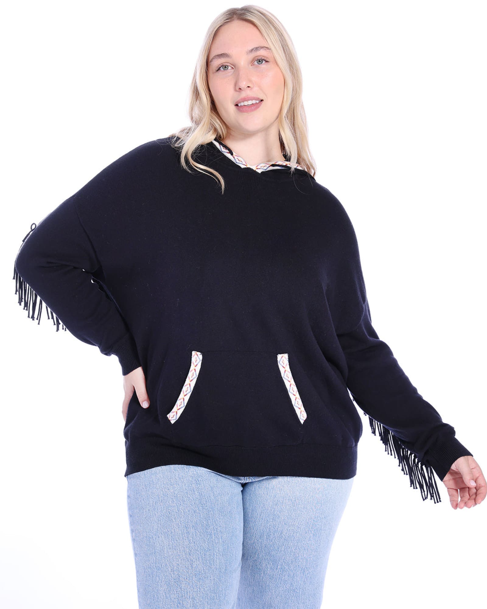 Cotton Cashmere Embroidered Fringe Hoodie | Black
