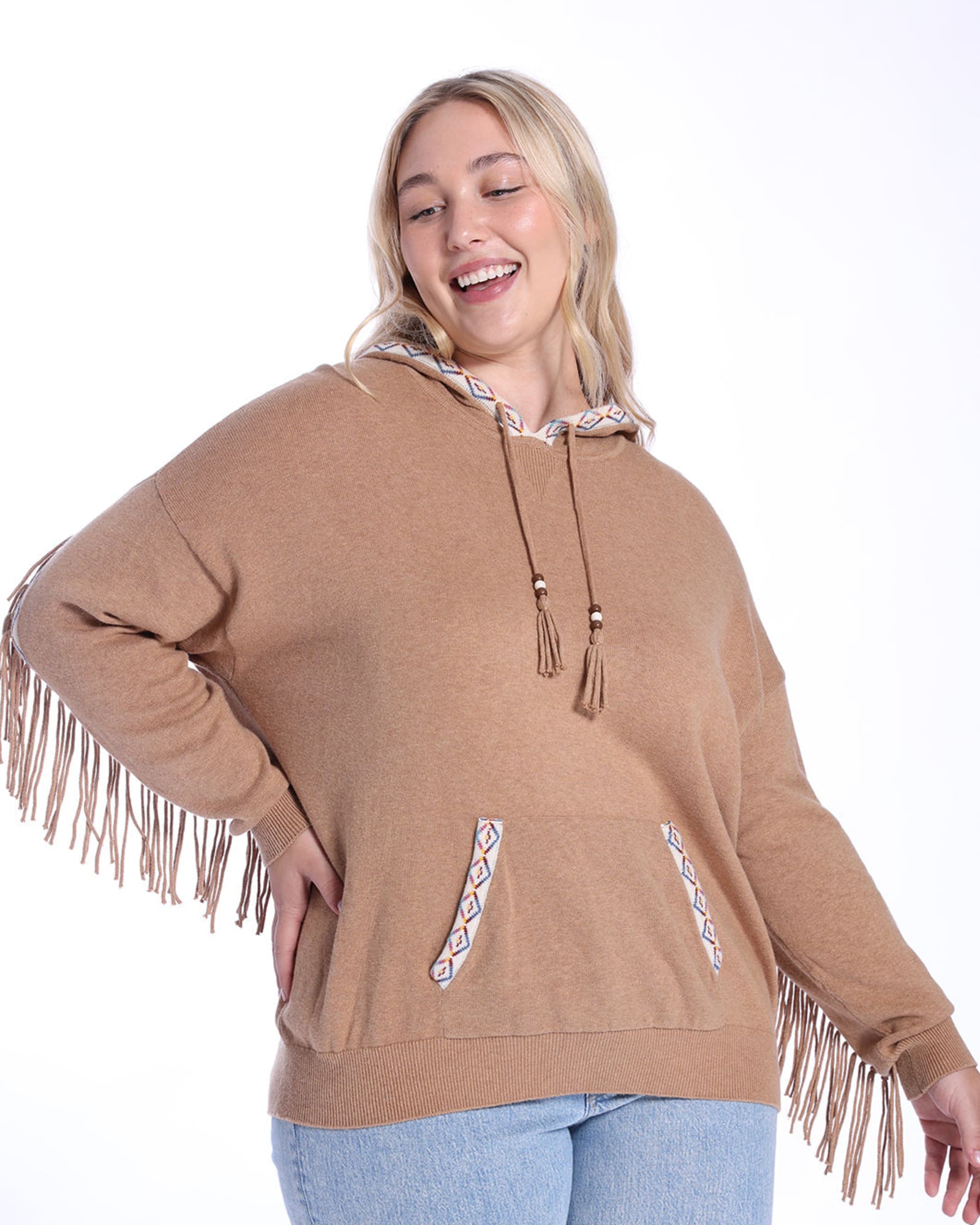 Cotton Cashmere Embroidered Fringe Hoodie | Camel