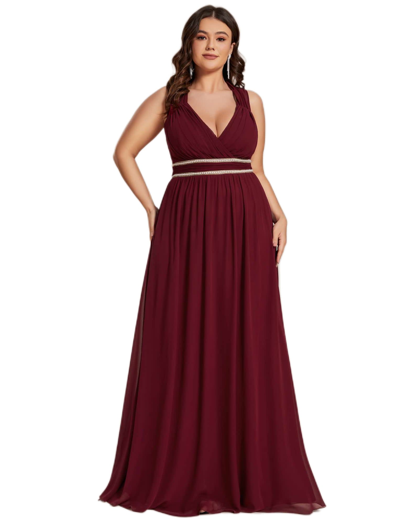 V-Neck Sleeveless Beaded Belt Chiffon A-Line Evening Dress | Burgundy