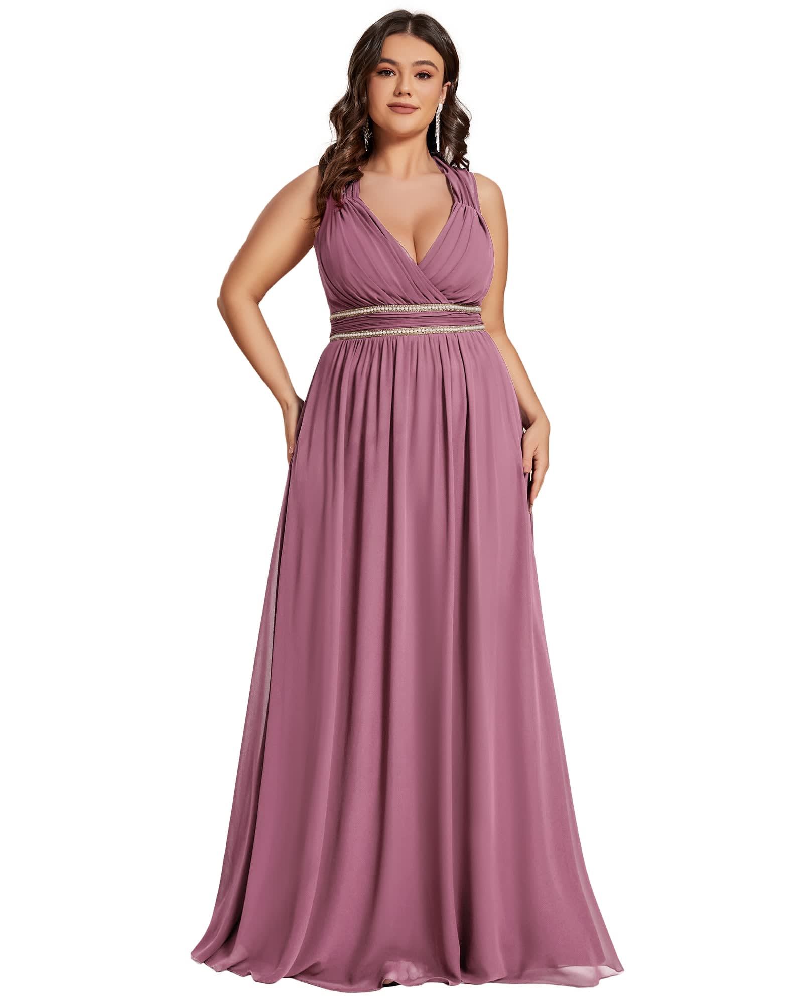 Purple Plus Size Prom Dresses Satin V Neck Sleeveless Formal Dress wit
