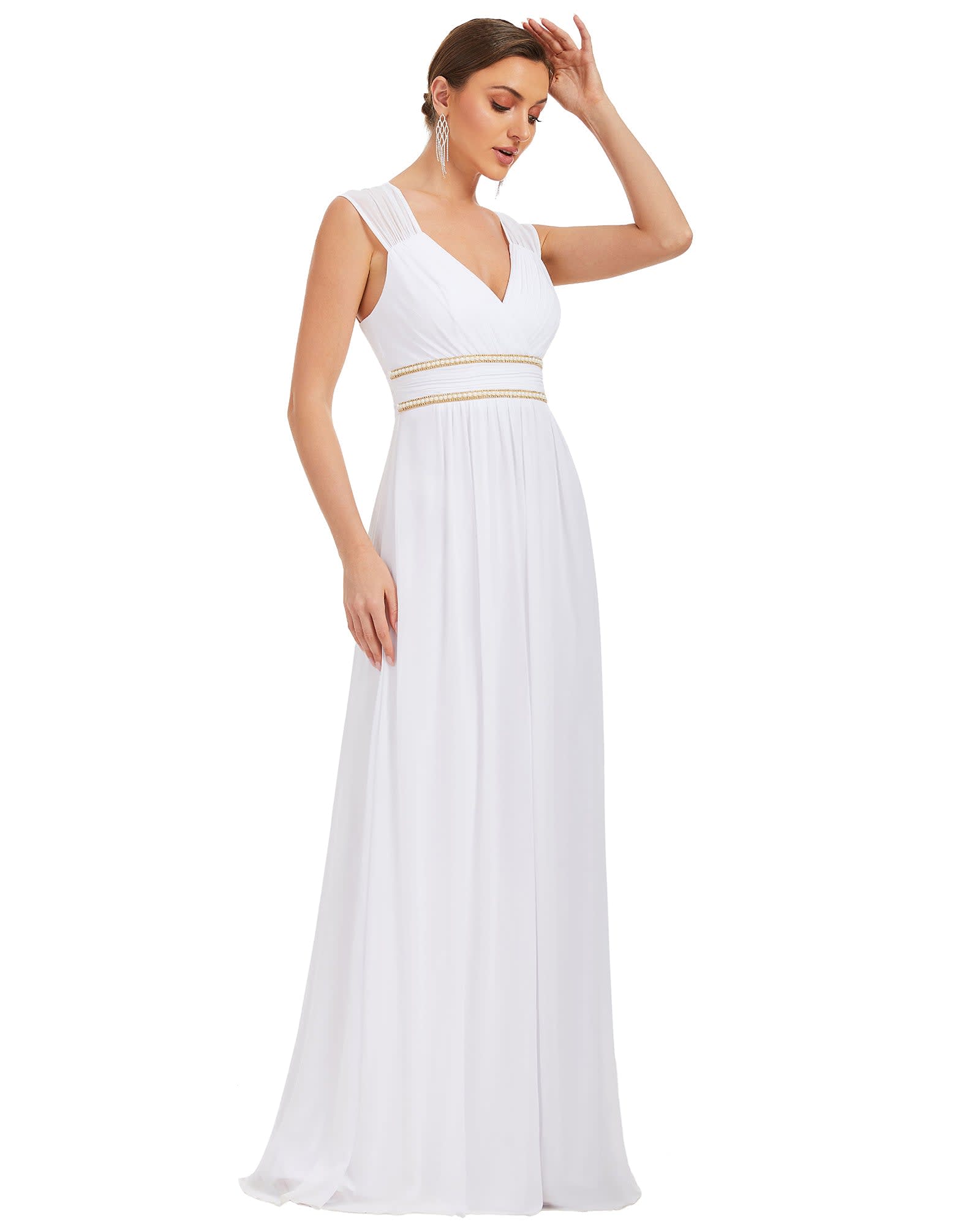 V-Neck Sleeveless Beaded Belt Chiffon A-Line Evening Dress | White