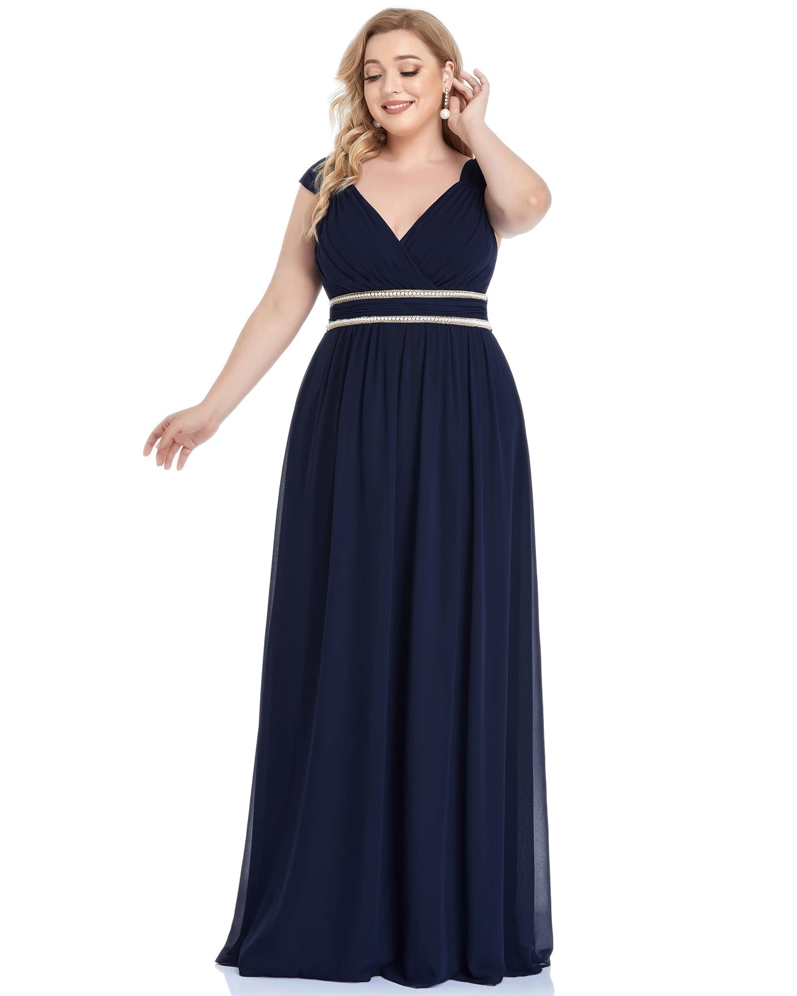 V-Neck Sleeveless Beaded Belt Chiffon A-Line Evening Dress | Navy Blue
