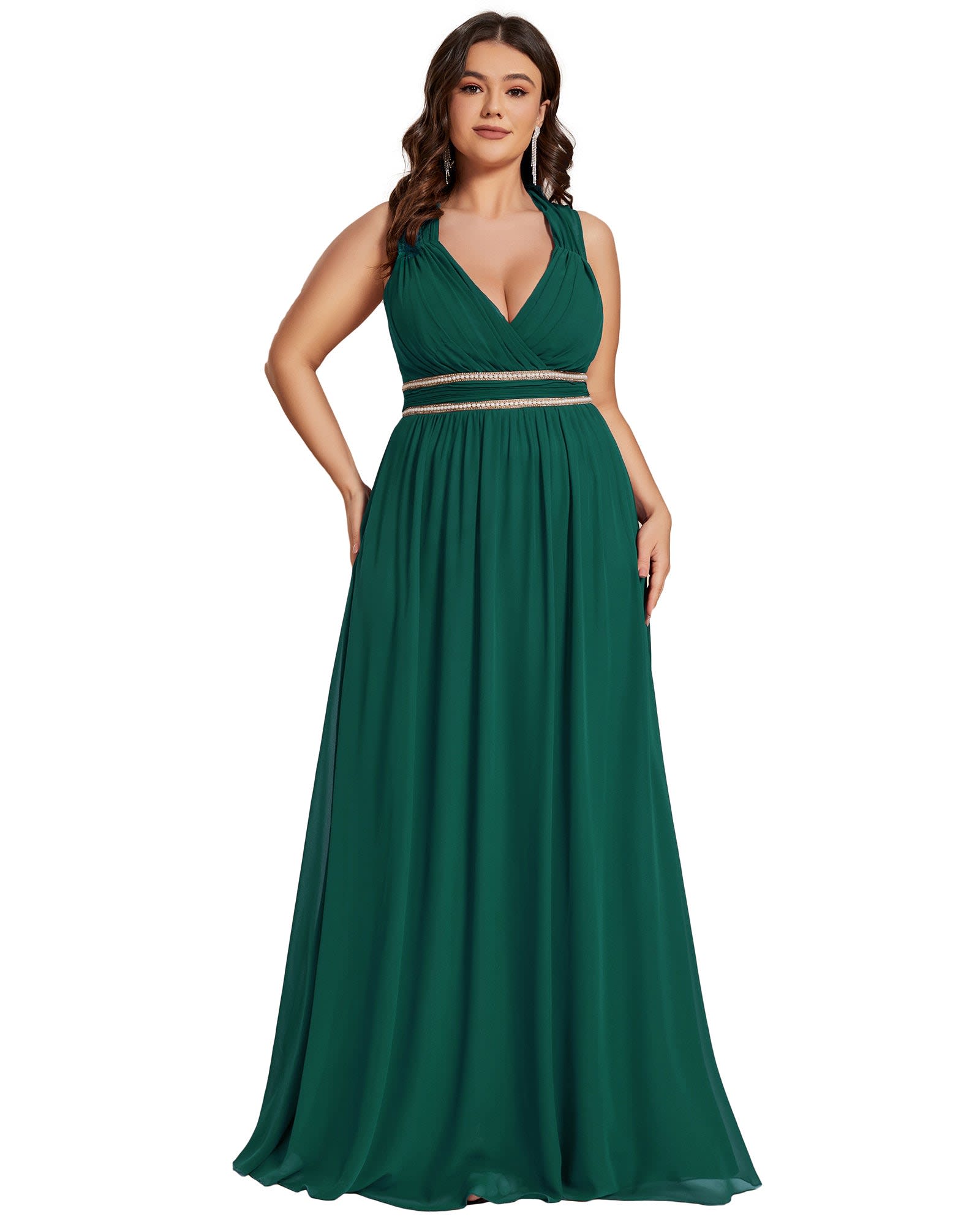 V-Neck Sleeveless Beaded Belt Chiffon A-Line Evening Dress | Dark Green