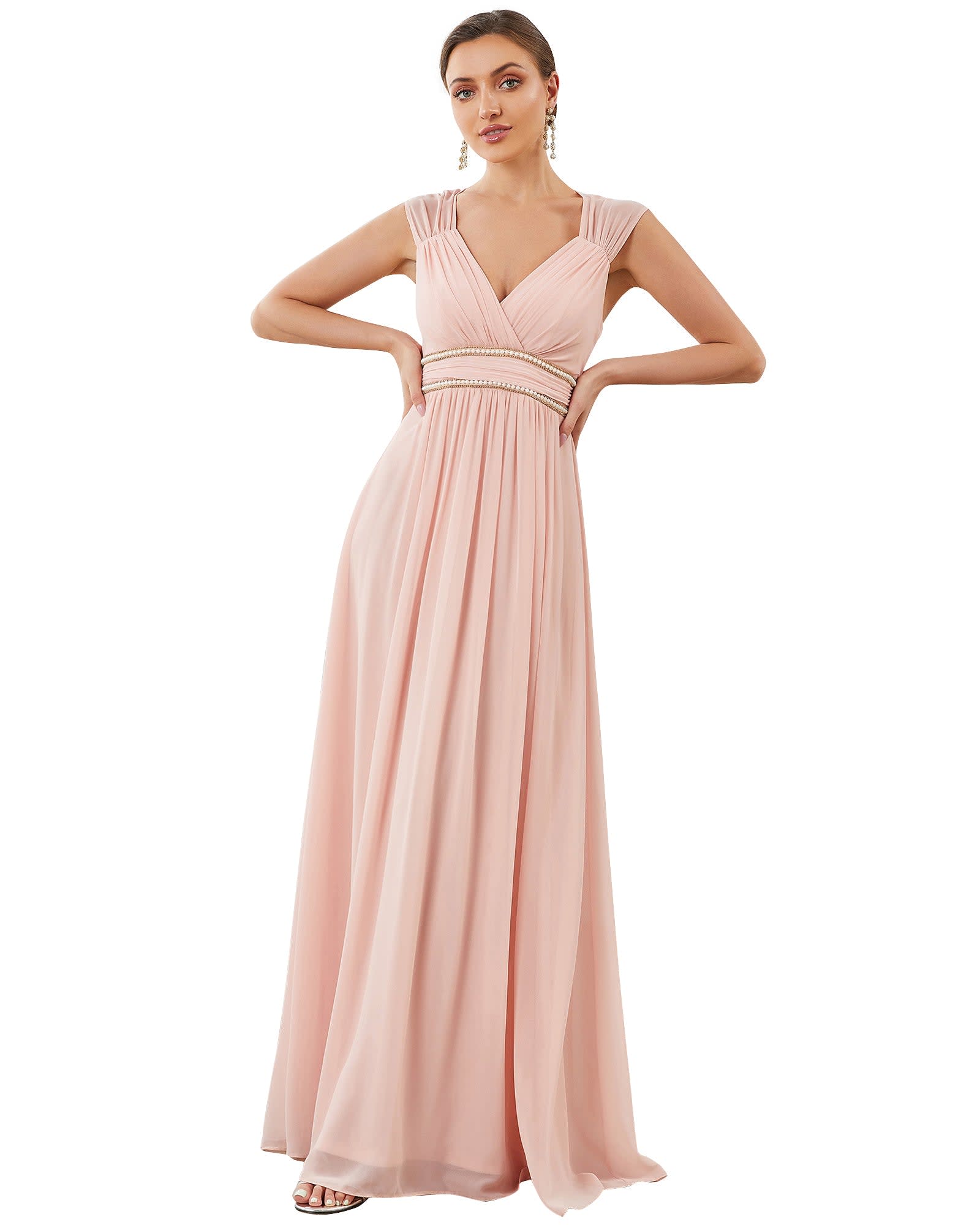 V-Neck Sleeveless Beaded Belt Chiffon A-Line Evening Dress | Pink