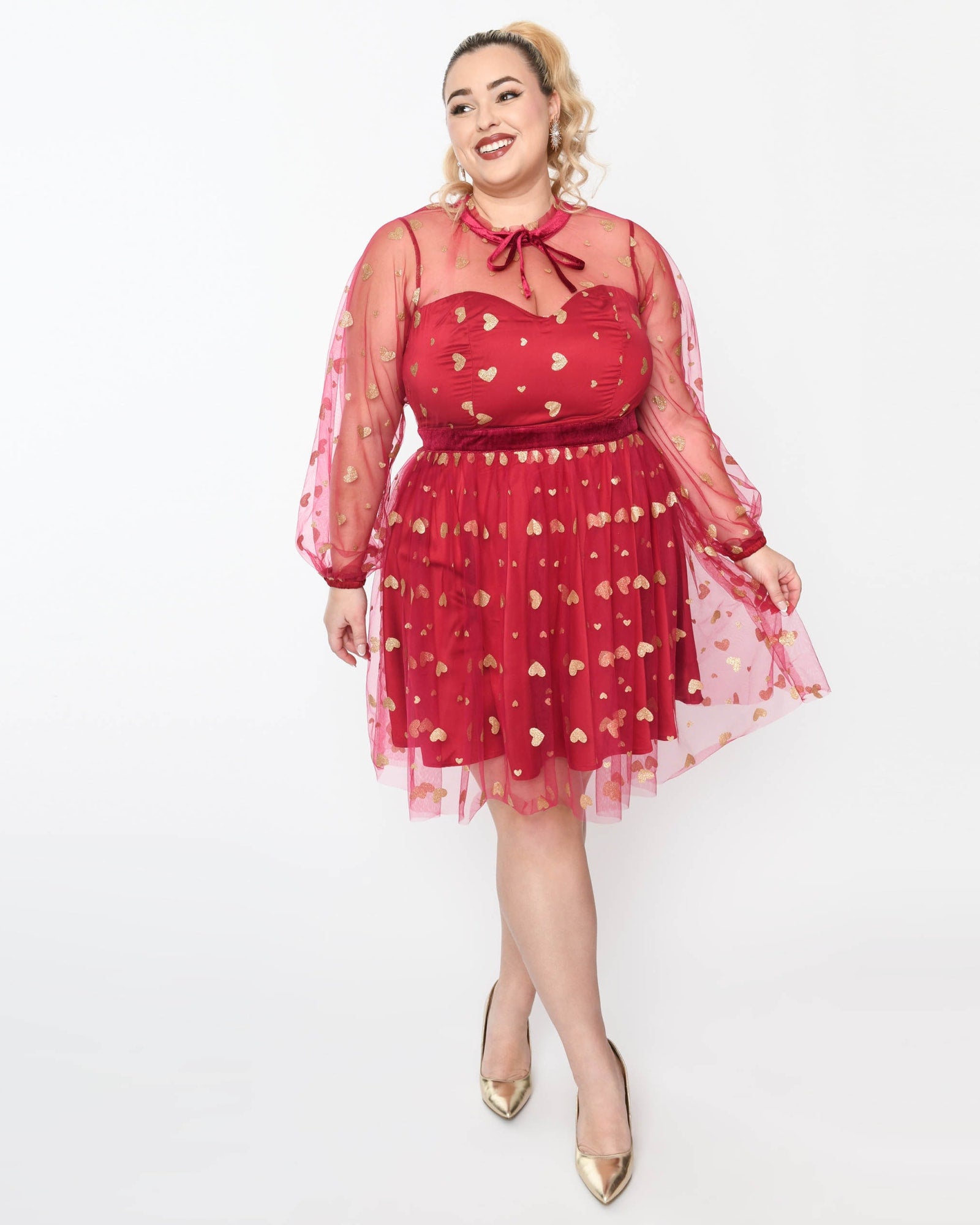 Unique Vintage Plus Size Red & Gold Glitter Heart Flare Dress | Red