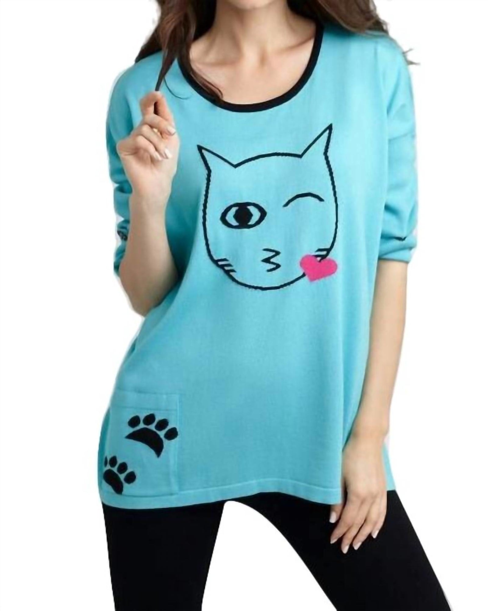 Cat Kiss Graphic Sweater in Turquoise/Black | Turquoise/Black