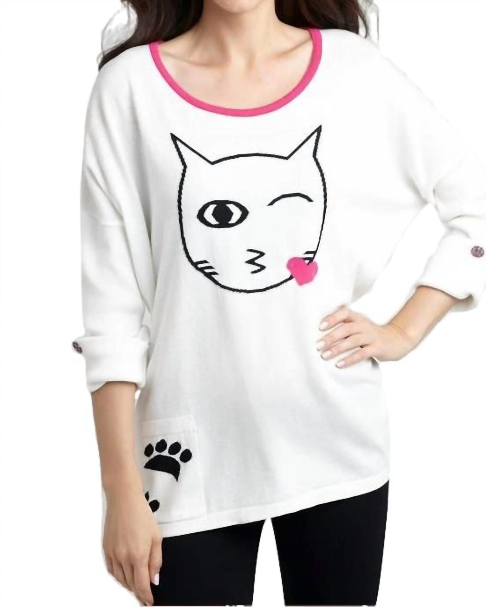 Cat Kiss Graphic Sweater in White/Black | White/Black