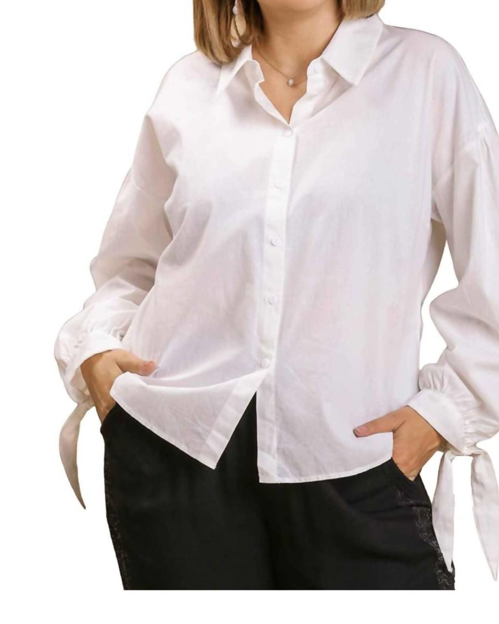 Button Top With Tie Sleeves in White | White