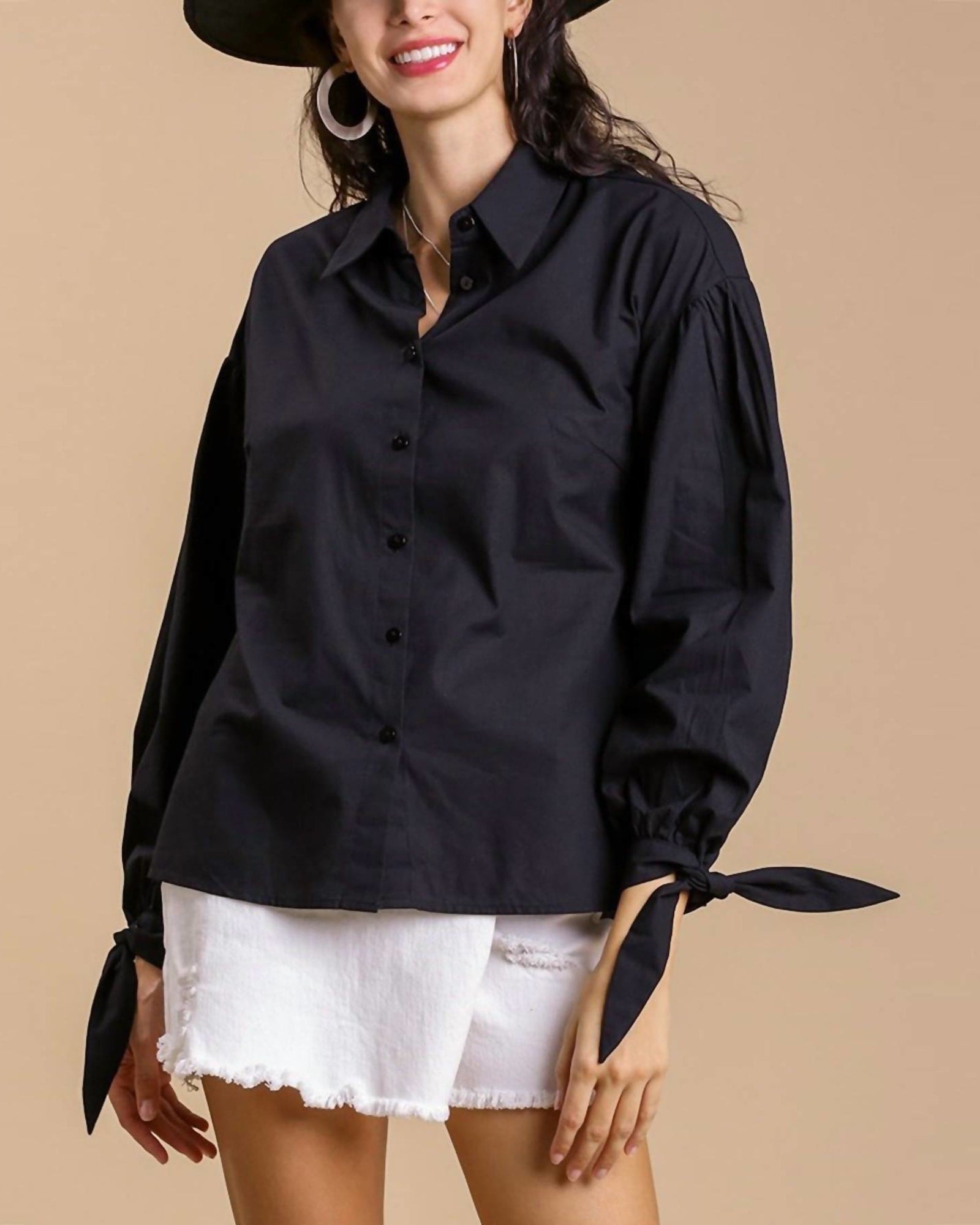 Button Top With Tie Sleeves in Black | Black