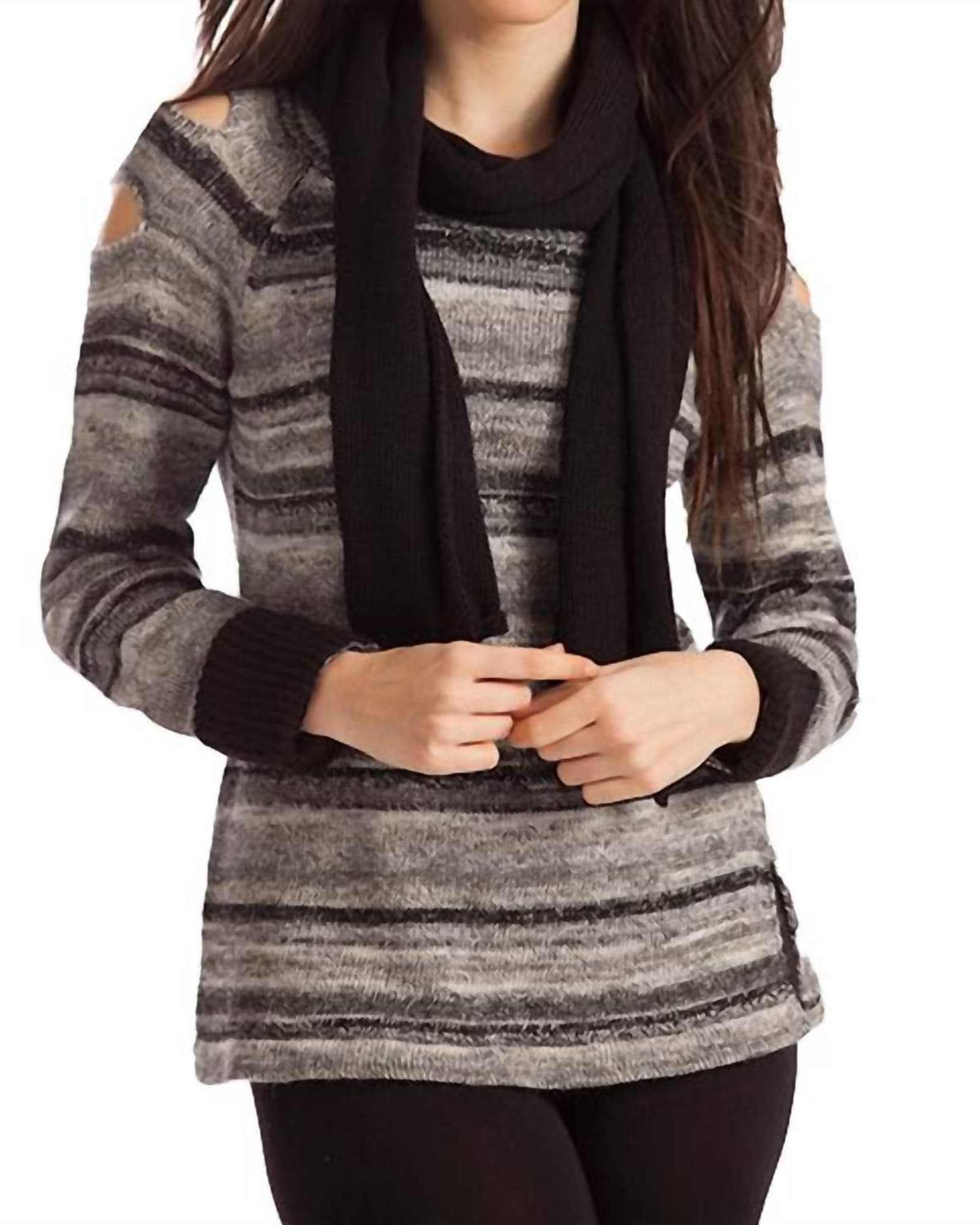 Bethany Striped Sweater W/ Scarf in Black Multi | Black Multi