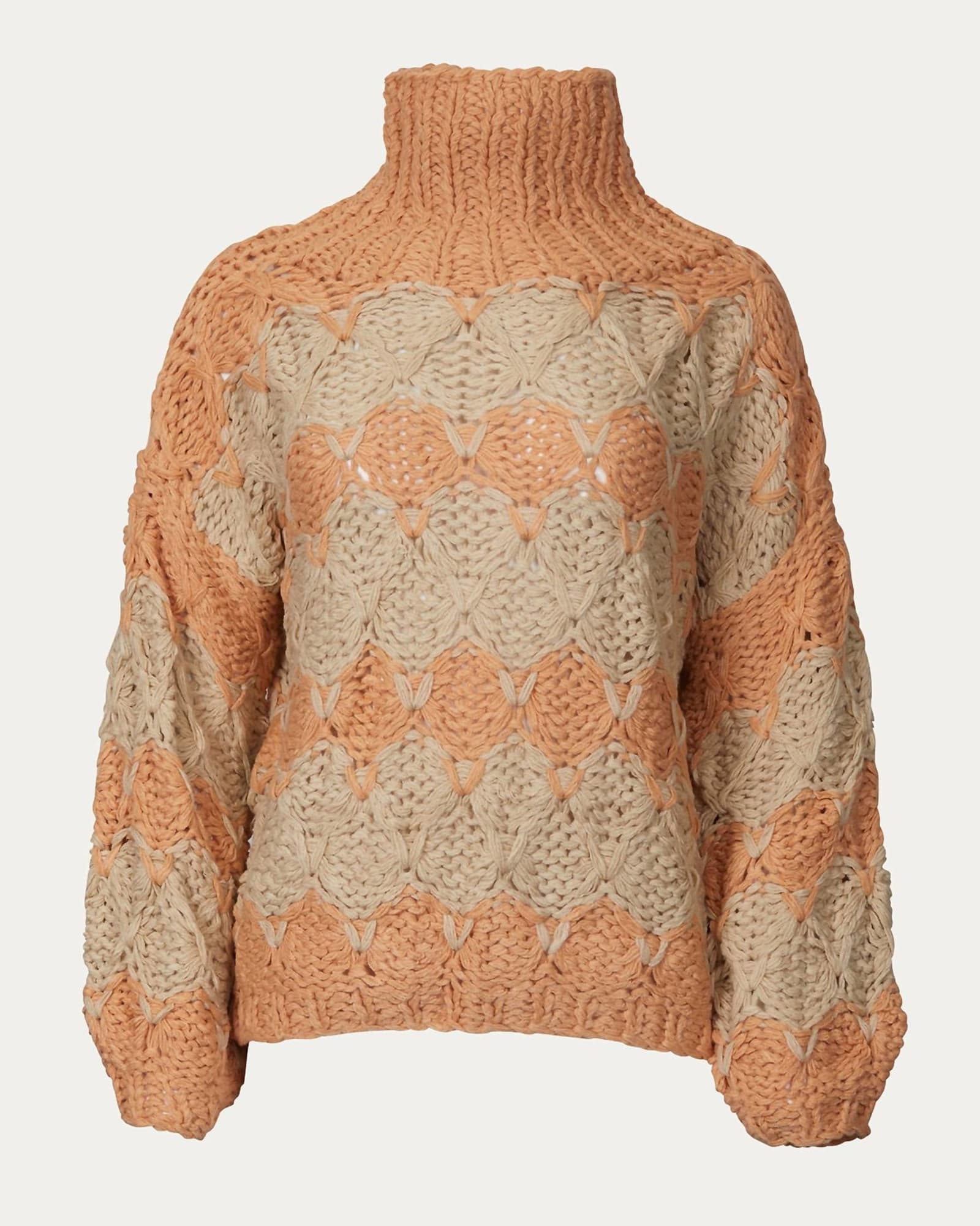 Open-Knit Chunky Turtleneck Sweater in Beige Papaya Stripe | Beige Papaya Stripe