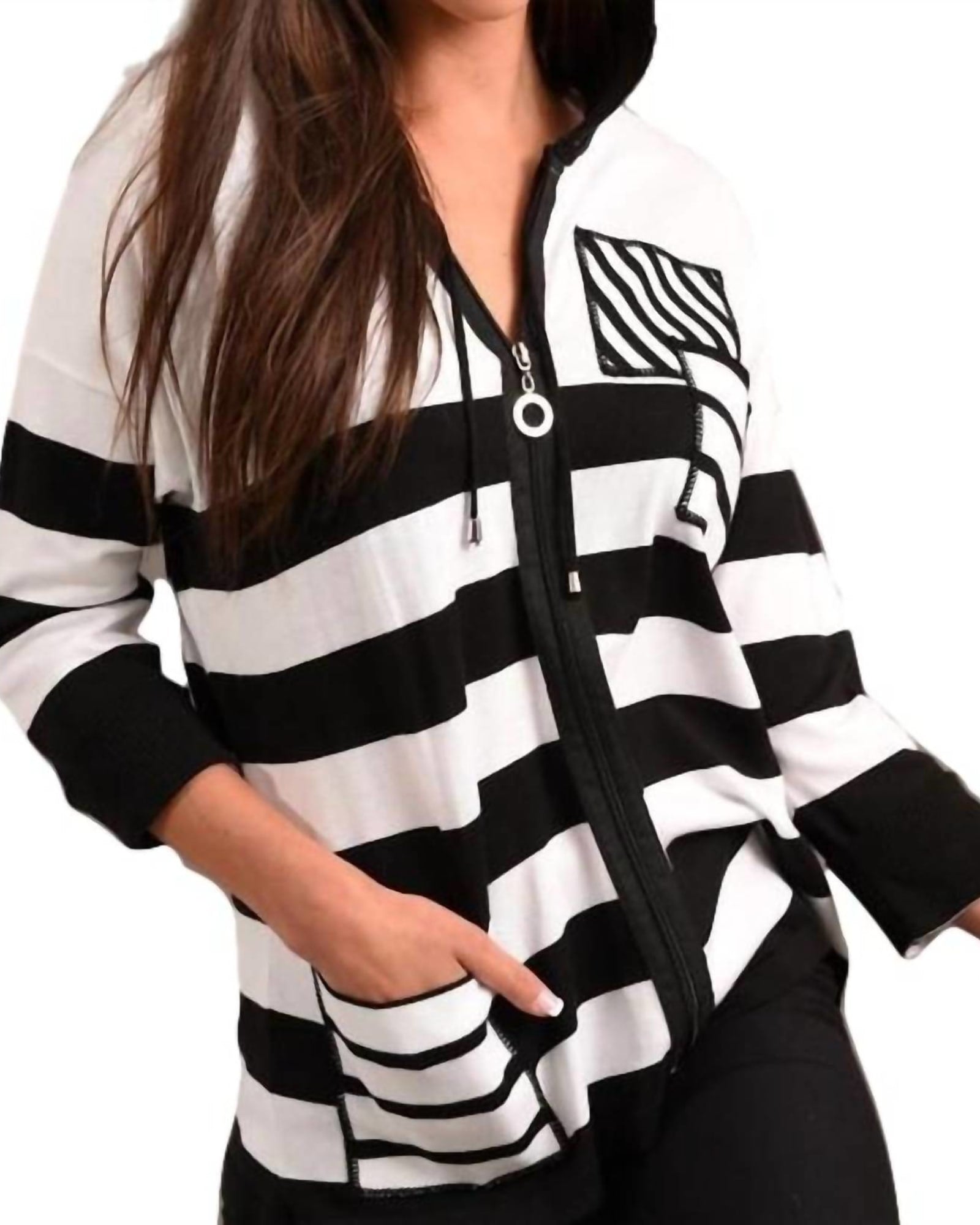 Multi Stripe Sleeve Hooded Cardigan in Black/Multi | Black/Multi