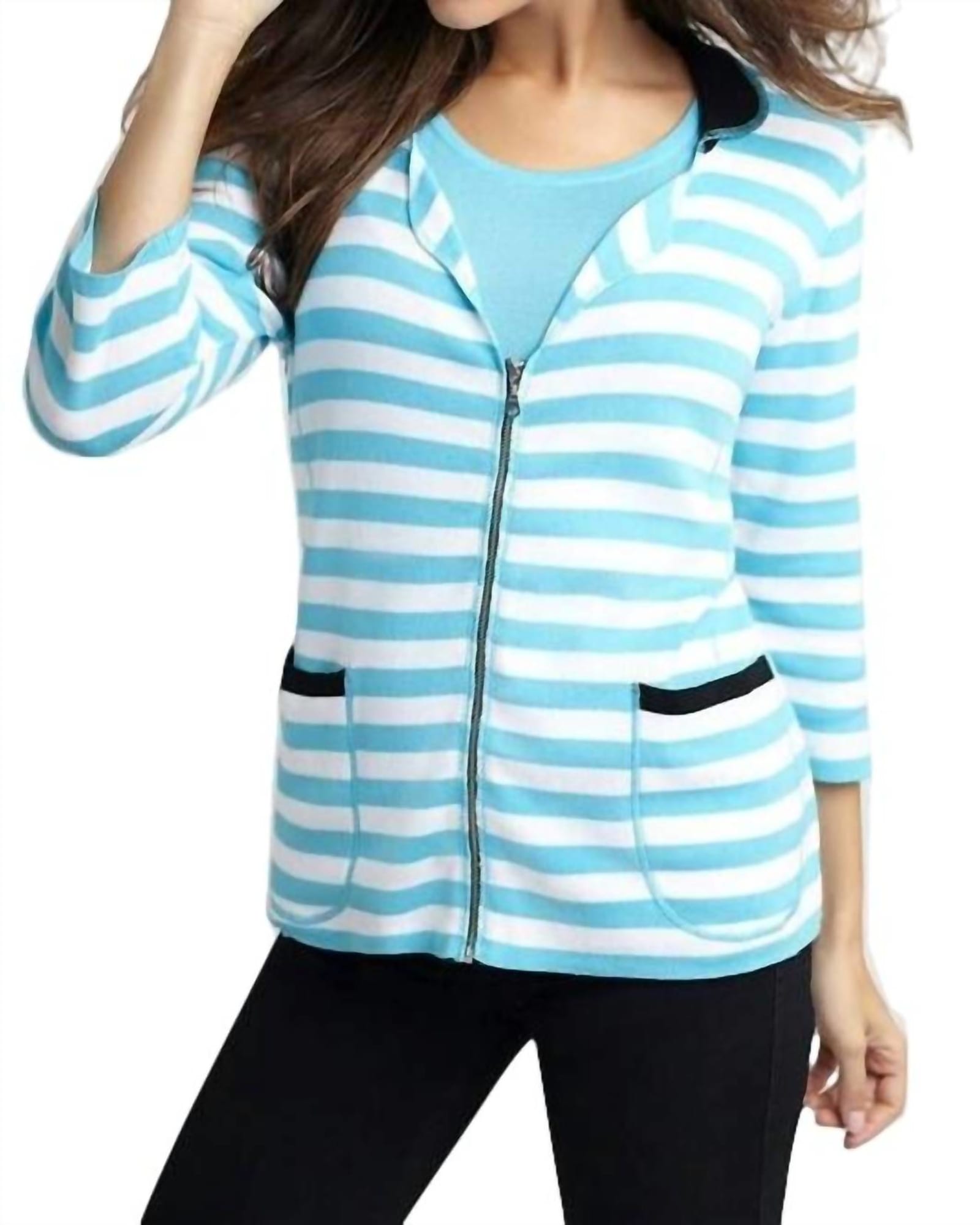 Colorblock Striped Cardigan in White/Turquoise | White/Turquoise
