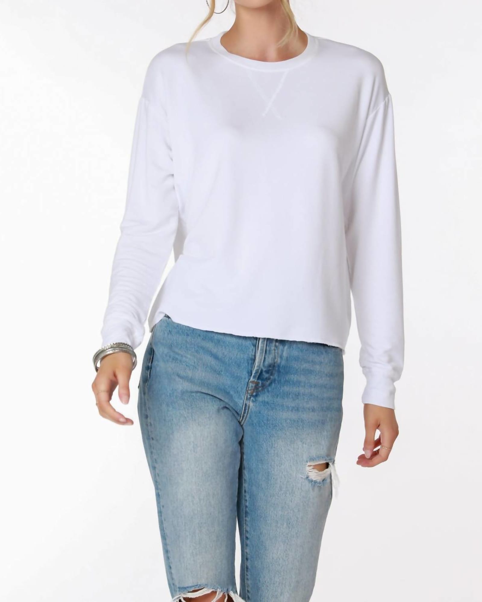Long Sleeve Boxy Top in White | White