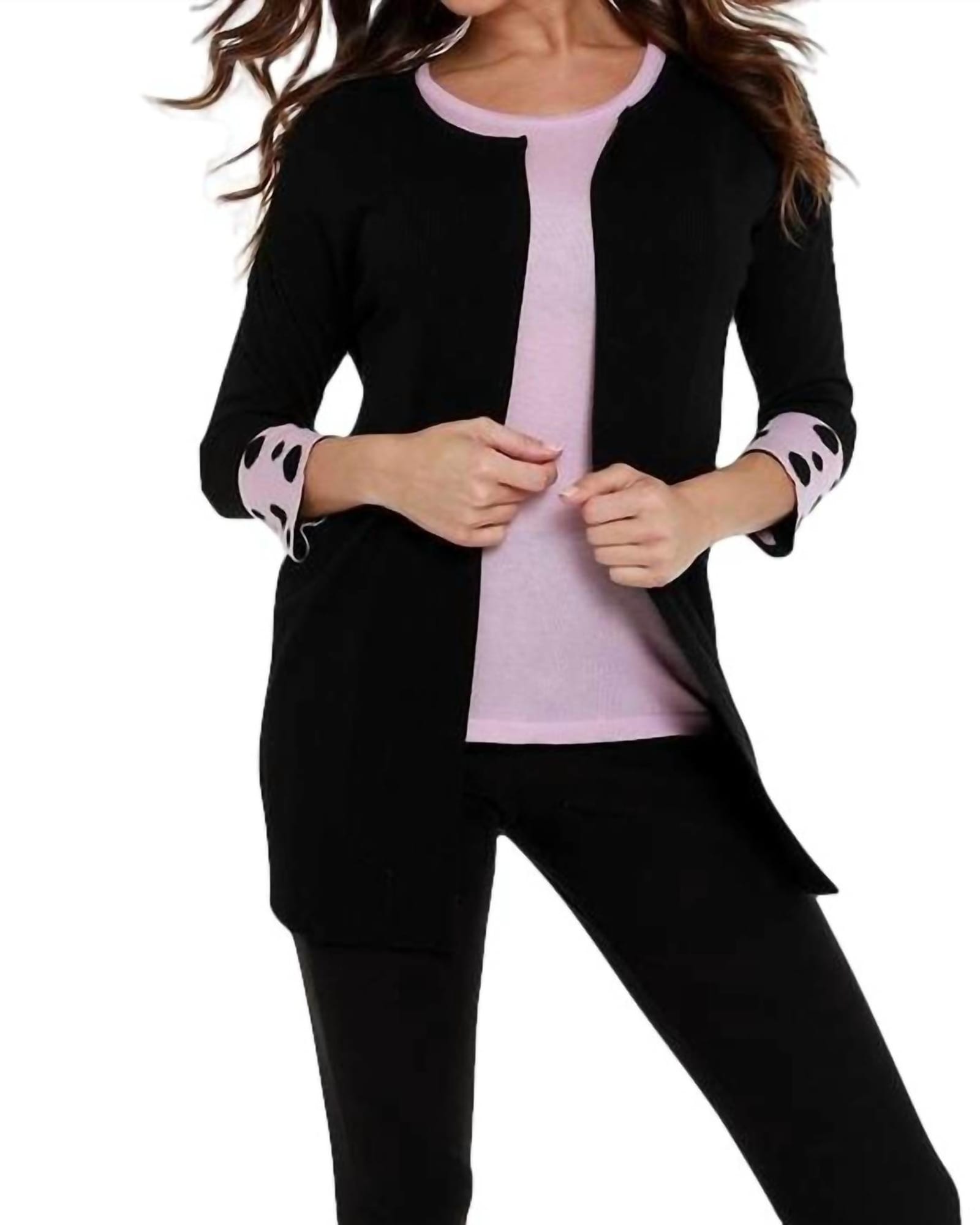 Polka Dot Sleeve Ribbed Open Cardigan in Black/Pink | Black/Pink