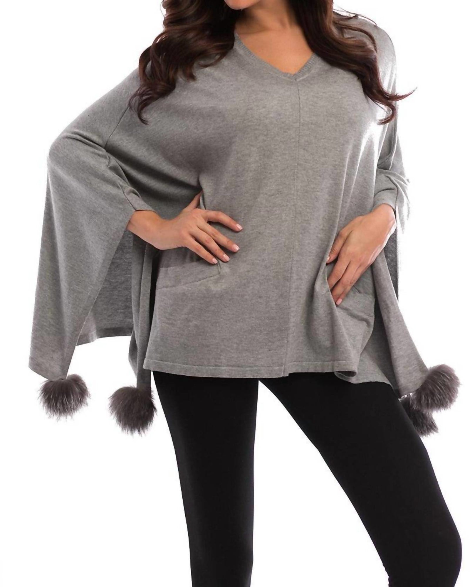 Pom-Pom Fox Fur Poncho in Gray | Gray
