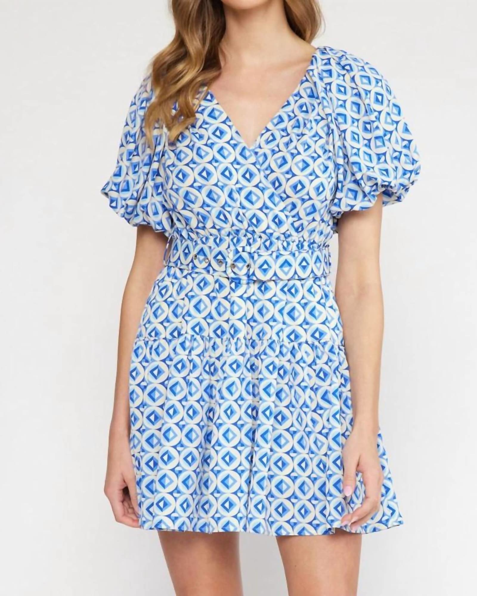 V-Neck Puff Sleeve Mini Dress in Blue Geo Print | Blue Geo Print