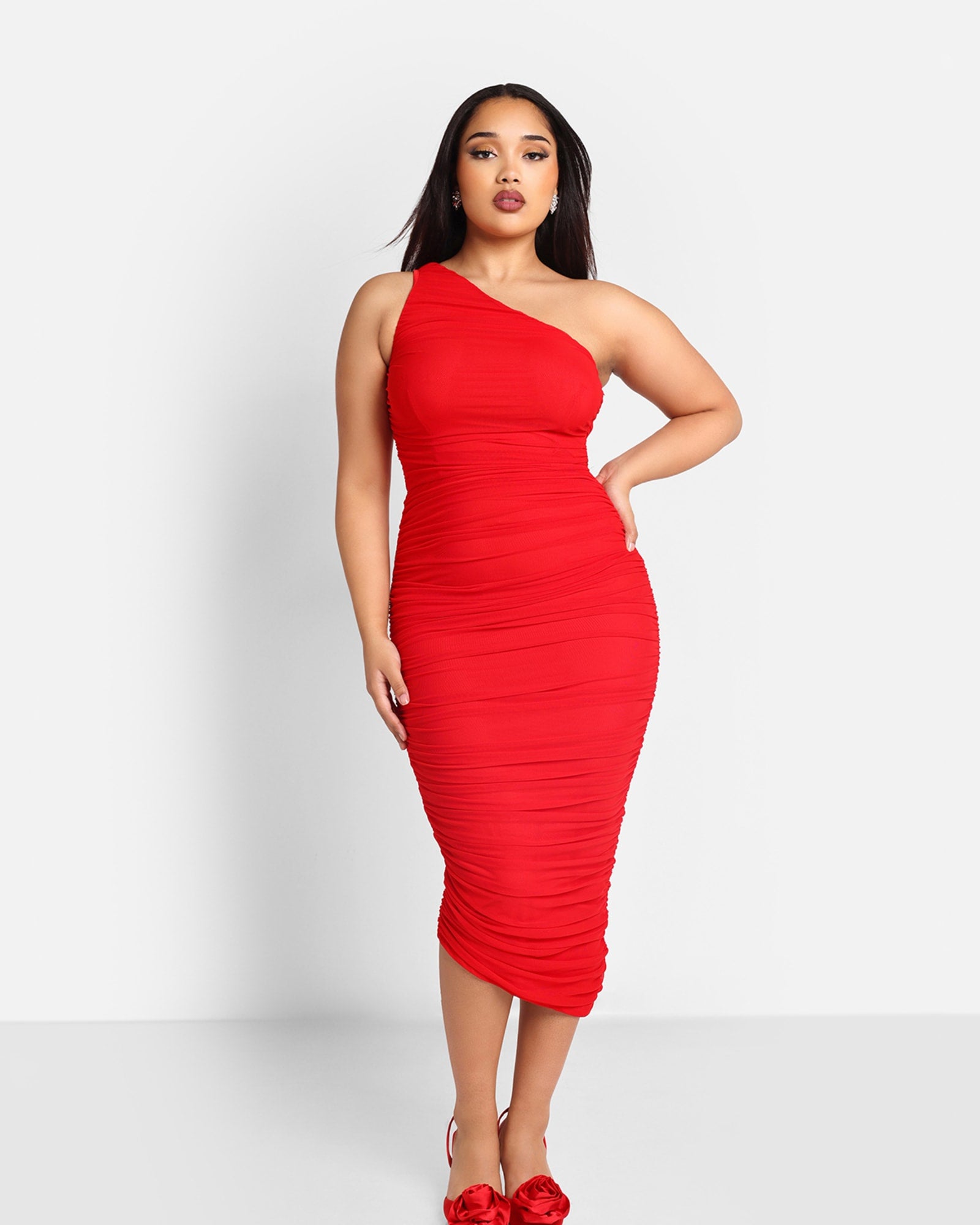 Rebdolls Women's Paris Mesh One Shoulder Asymmetrical Midi Boydcon Dress | Red