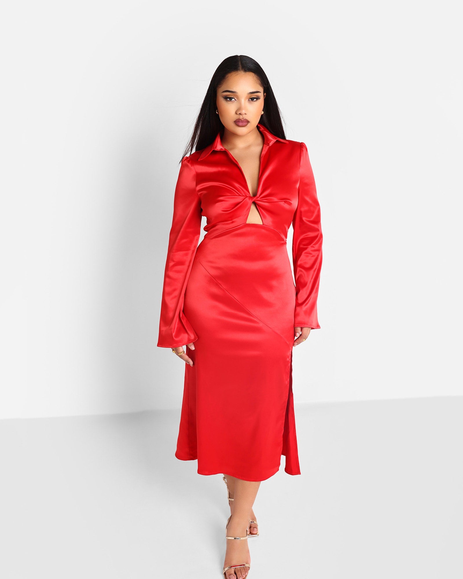 Rebdolls Women's London Satin Flare Sleeve Midi Shift Dress W. Slit | Red