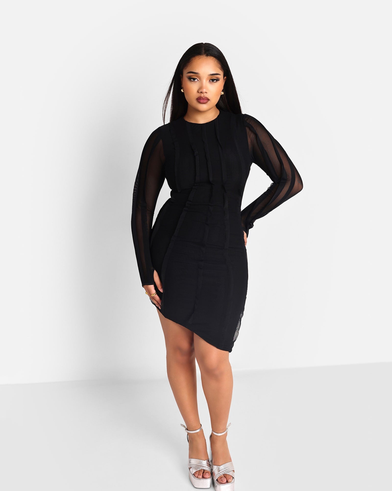 Rebdolls Women's Mia Mesh Asymmetrical Mini Bodycon Dress | Black