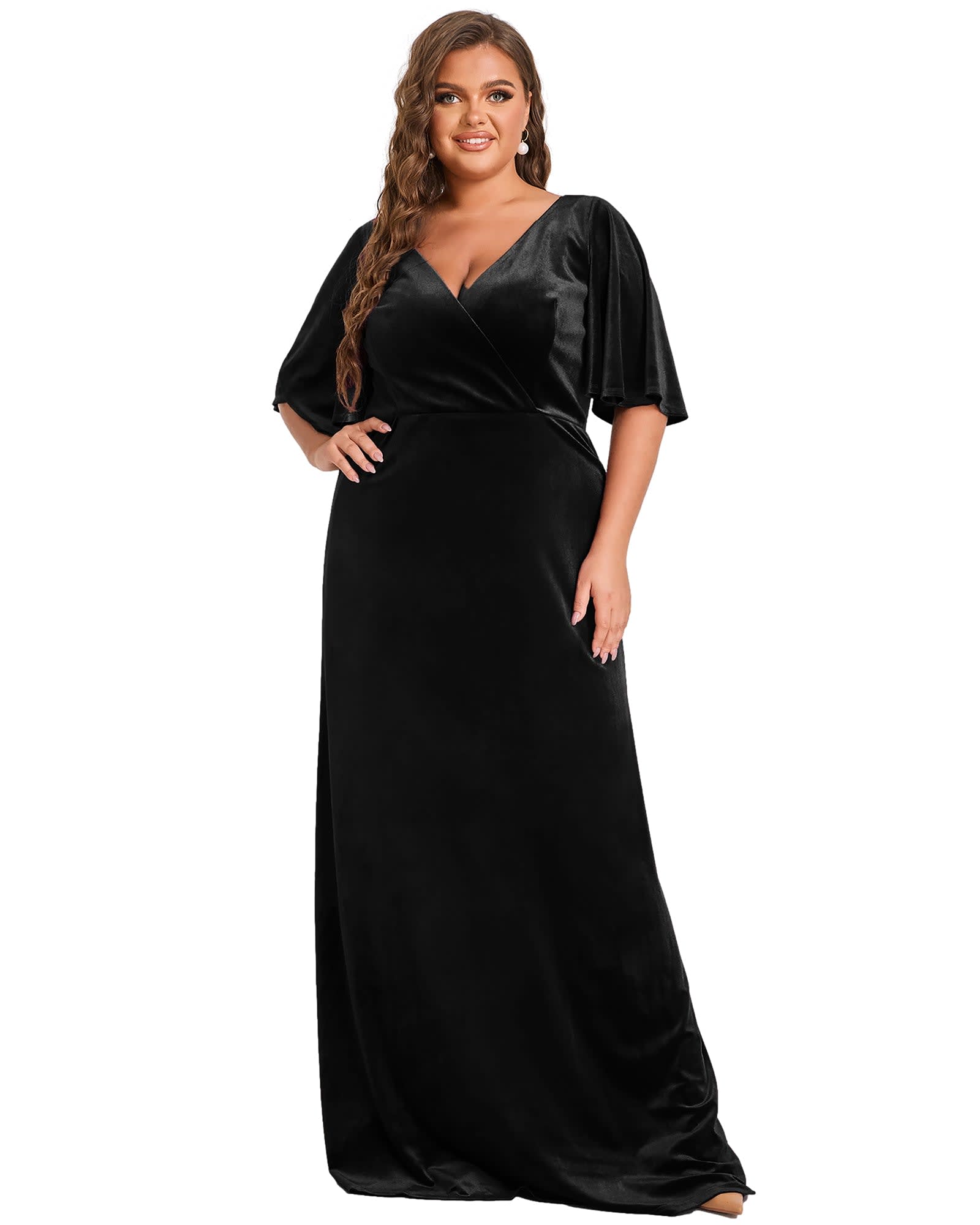Elegant Double V Neck Velvet Party Dress with Sleeves | Black