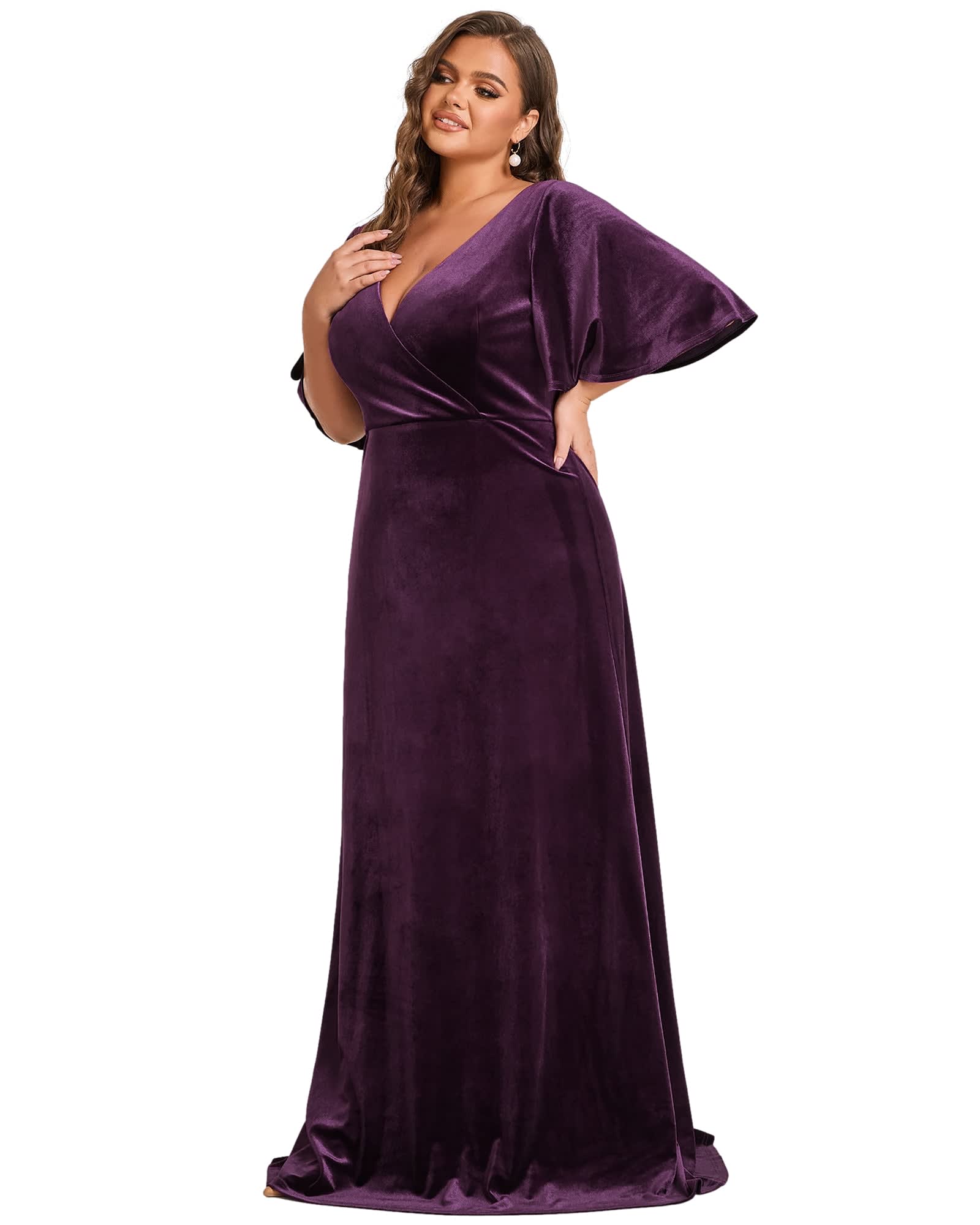 Elegant Double V Neck Velvet Party Dress with Sleeves | Dark Purple