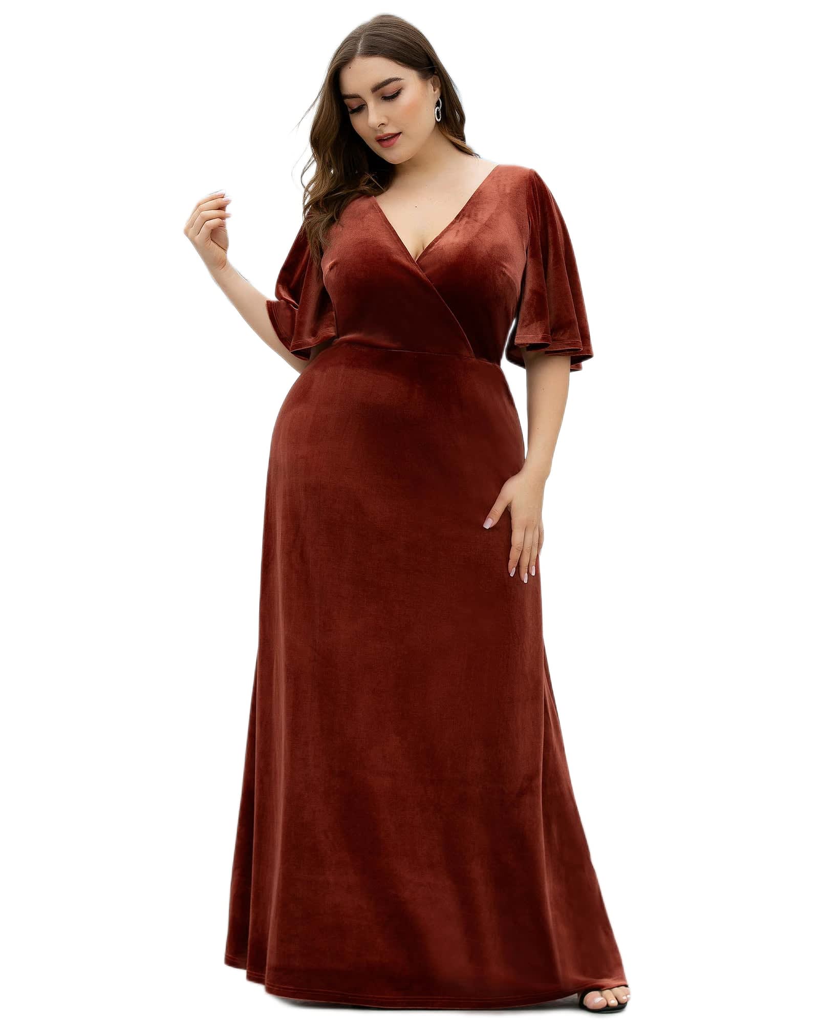 Elegant Double V Neck Velvet Party Dress with Sleeves | Brick Red