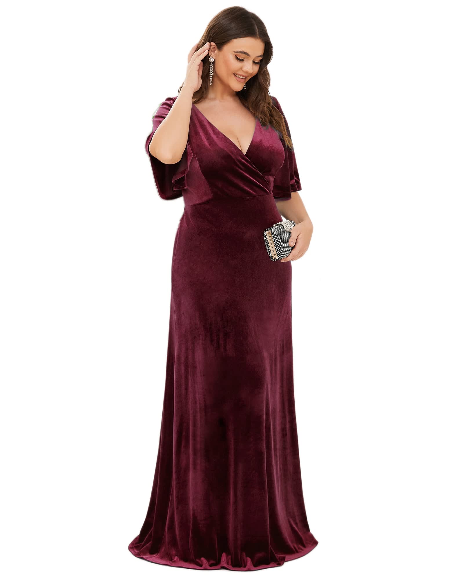 Elegant Double V Neck Velvet Party Dress with Sleeves | Burgundy