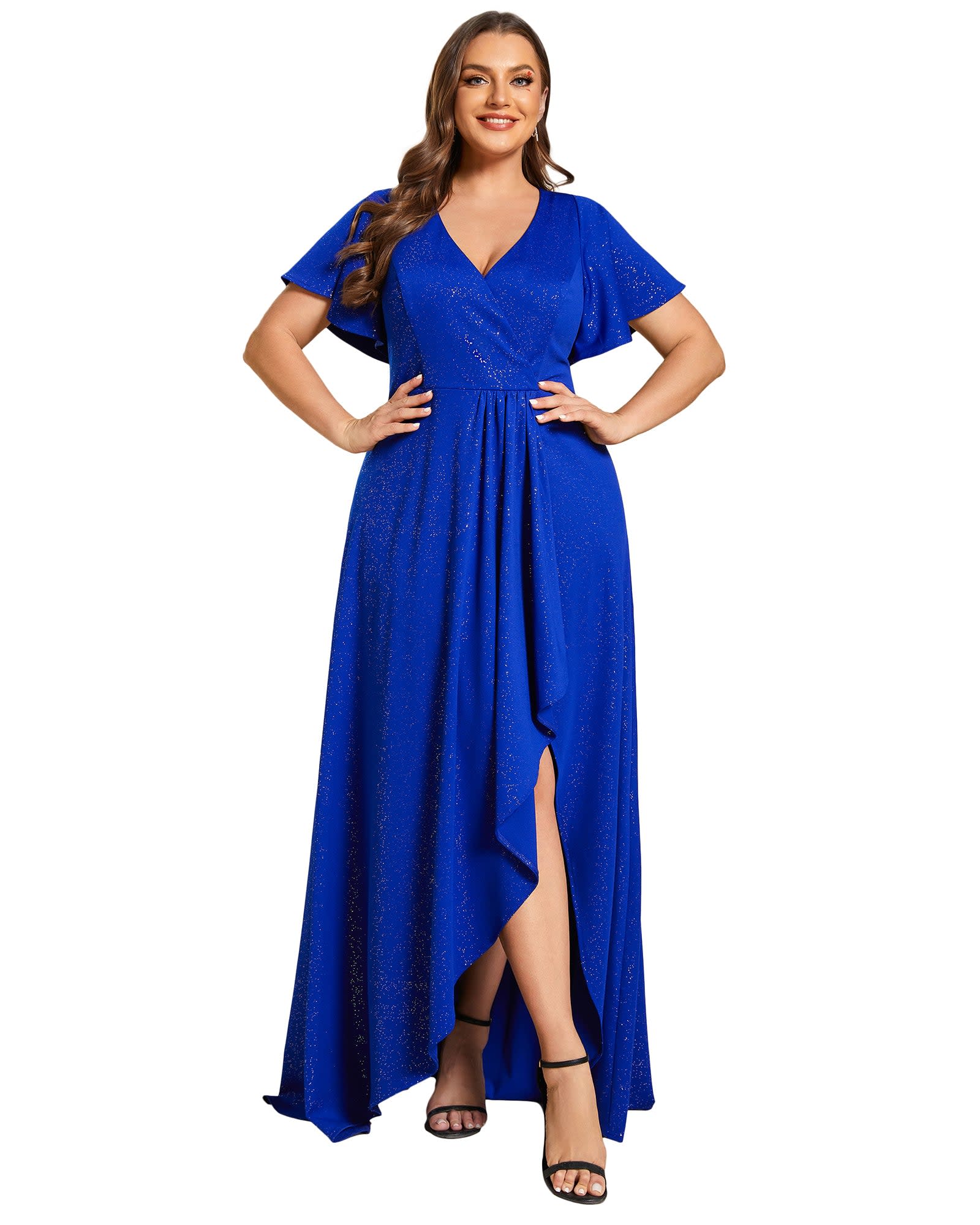 Glitter High-Low Front Side Slit Ruffled V-Neck Evening Dress | Sapphire Blue
