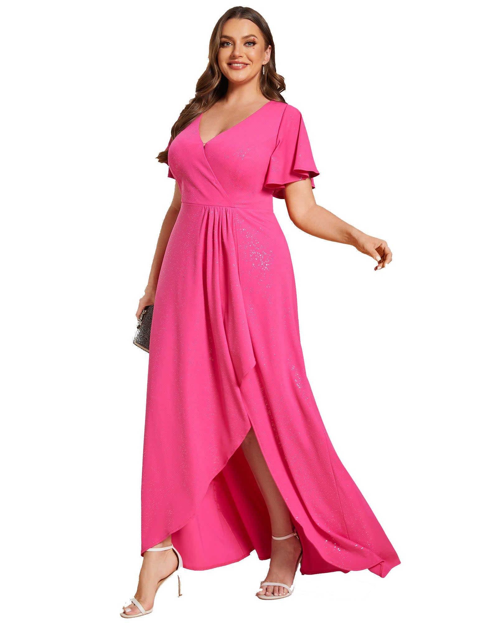Glitter High-Low Front Side Slit Ruffled V-Neck Evening Dress | Hot Pink