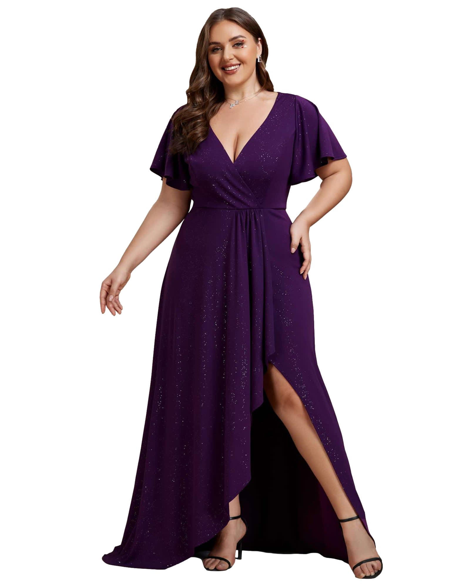 Glitter High-Low Front Side Slit Ruffled V-Neck Evening Dress | Dark Purple