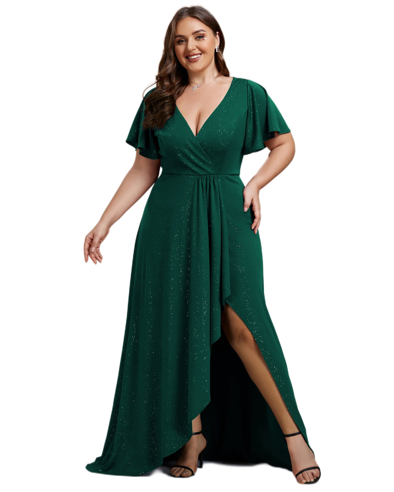 Glitter High-Low Front Side Slit Ruffled V-Neck Evening Dress | Dark Green