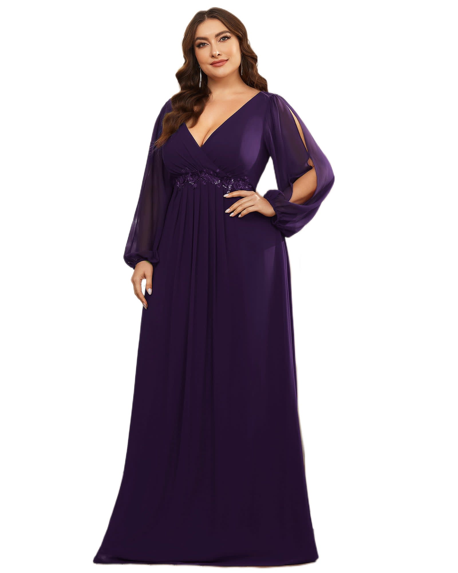 Chiffon V-Neckline Long Sleeve Formal Evening Dress | Dark Purple