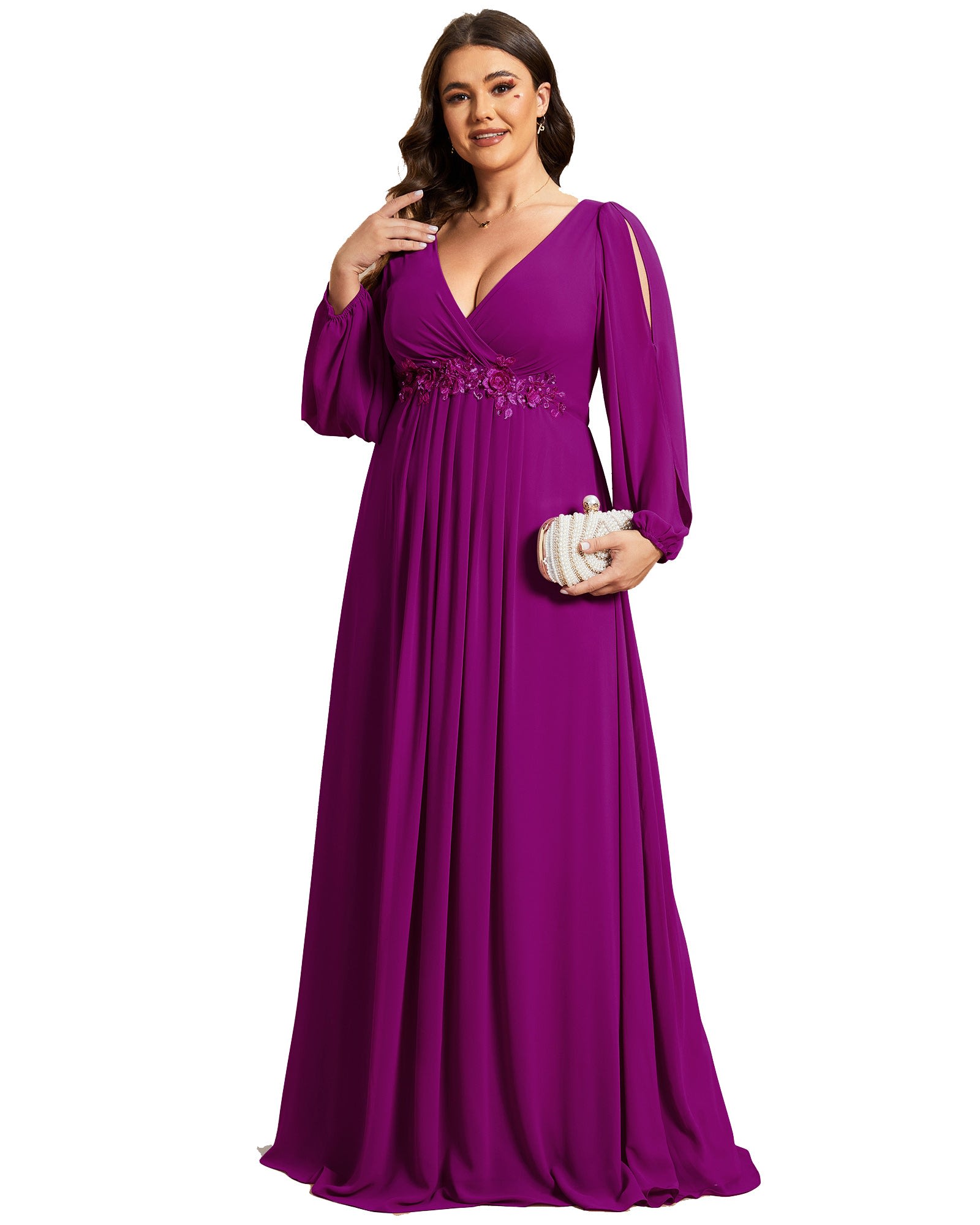 Chiffon V-Neckline Long Sleeve Formal Evening Dress | Fuchsia