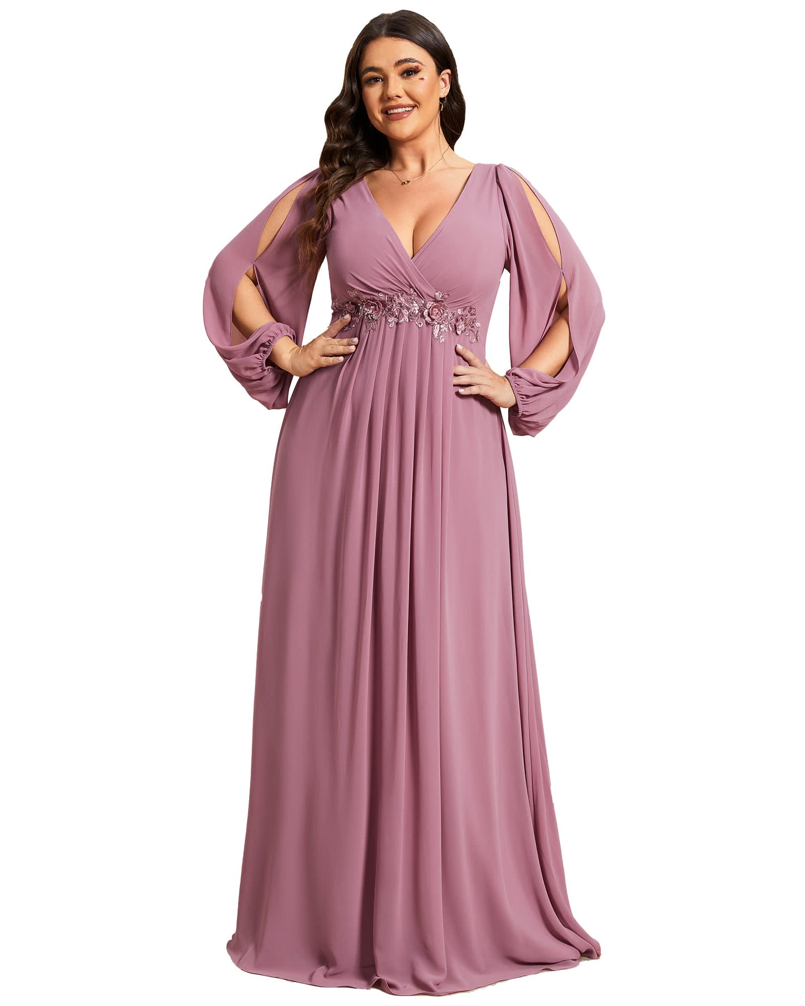Chiffon V-Neckline Long Sleeve Formal Evening Dress | Purple Orchid