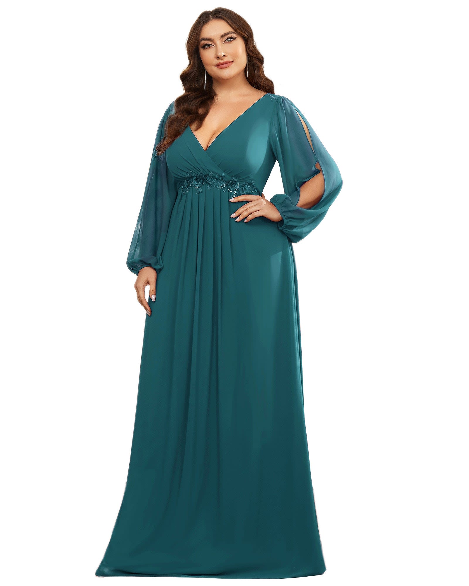 Chiffon V-Neckline Long Sleeve Formal Evening Dress | Teal