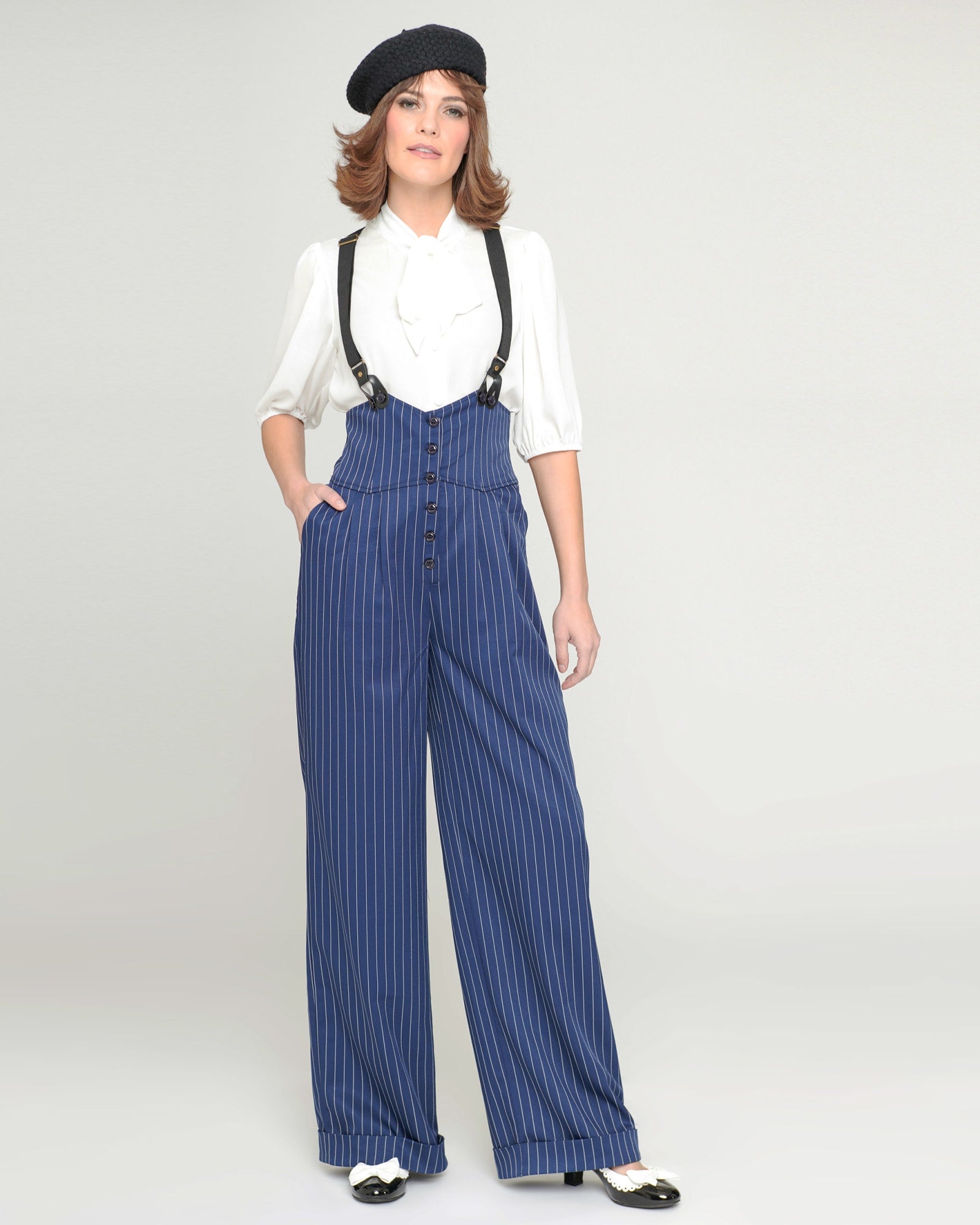 Unique Vintage Navy & White Pinstripe Thelma Suspender Pants | navy and white Stripes