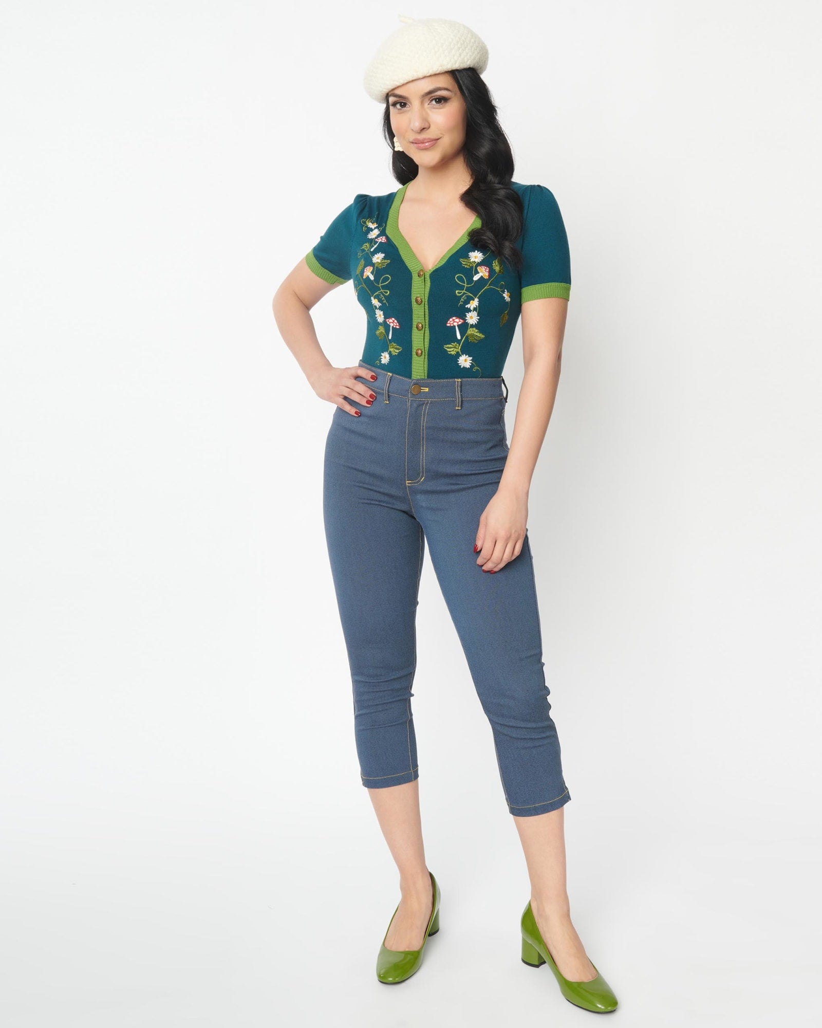 Unique Vintage Plus Size Denim Mushroom & Daisy Embroidered Rachelle Capri Pants | Blue