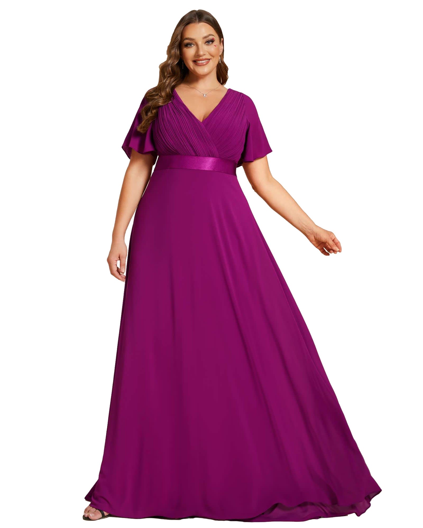 Long Chiffon Empire Waist Bridesmaid Dress with Short Flutter Sleeves | Fuchsia