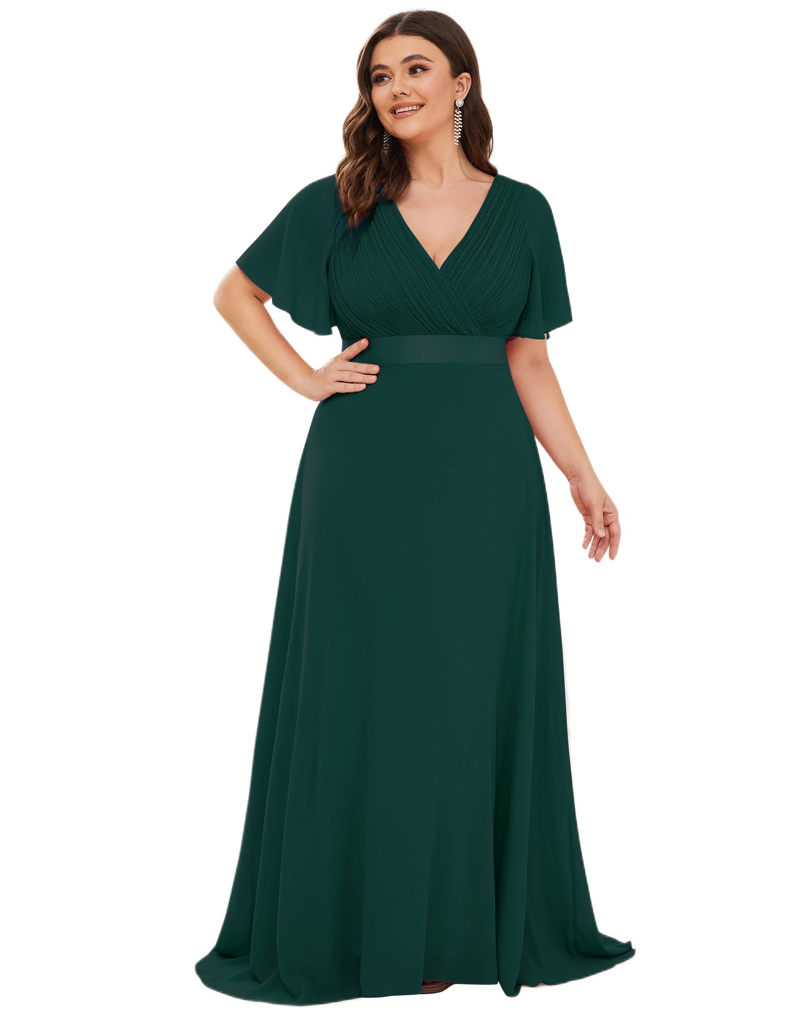 Long Chiffon Empire Waist Bridesmaid Dress with Short Flutter Sleeves | Dark Green