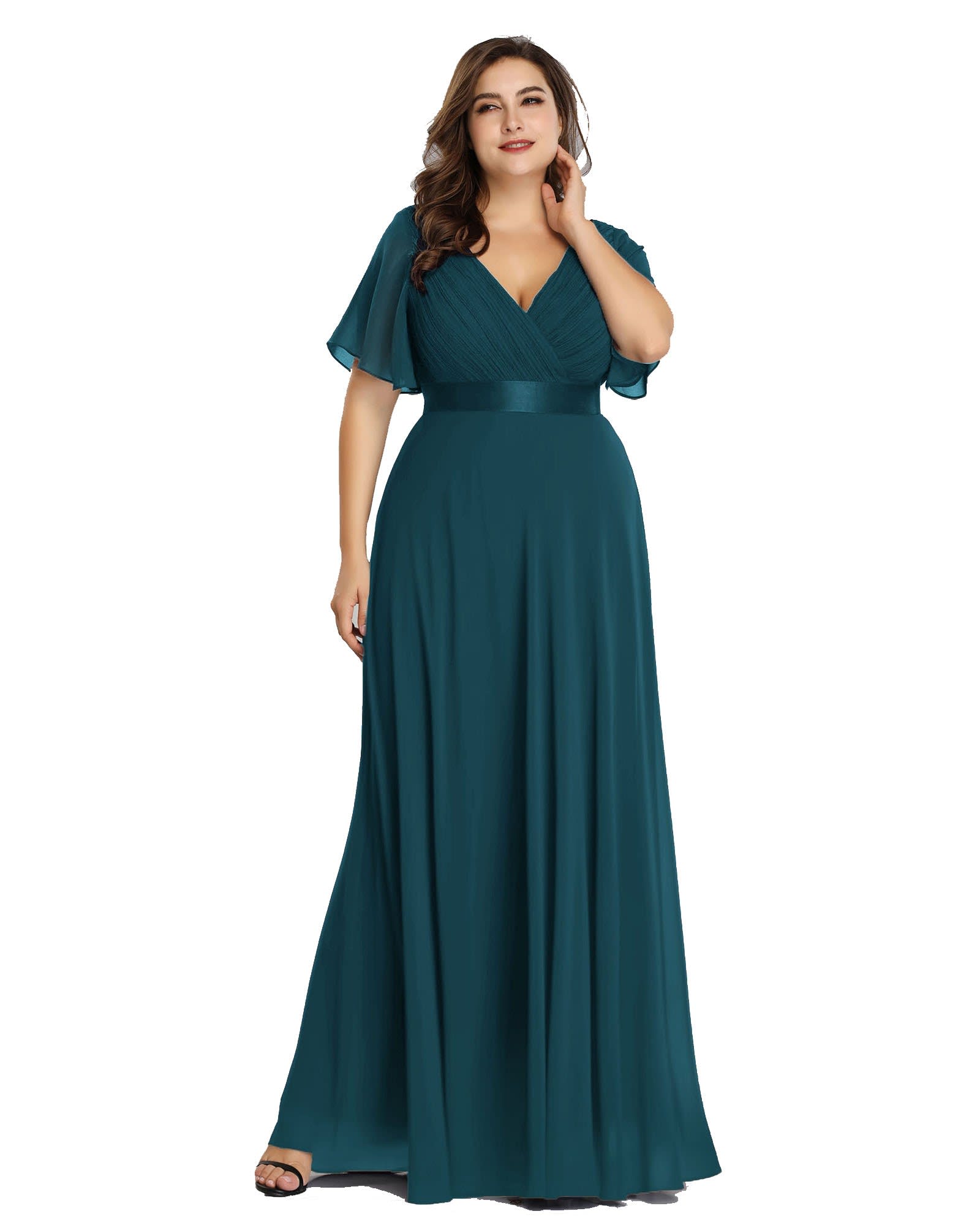 Long Chiffon Empire Waist Bridesmaid Dress with Short Flutter Sleeves | Teal