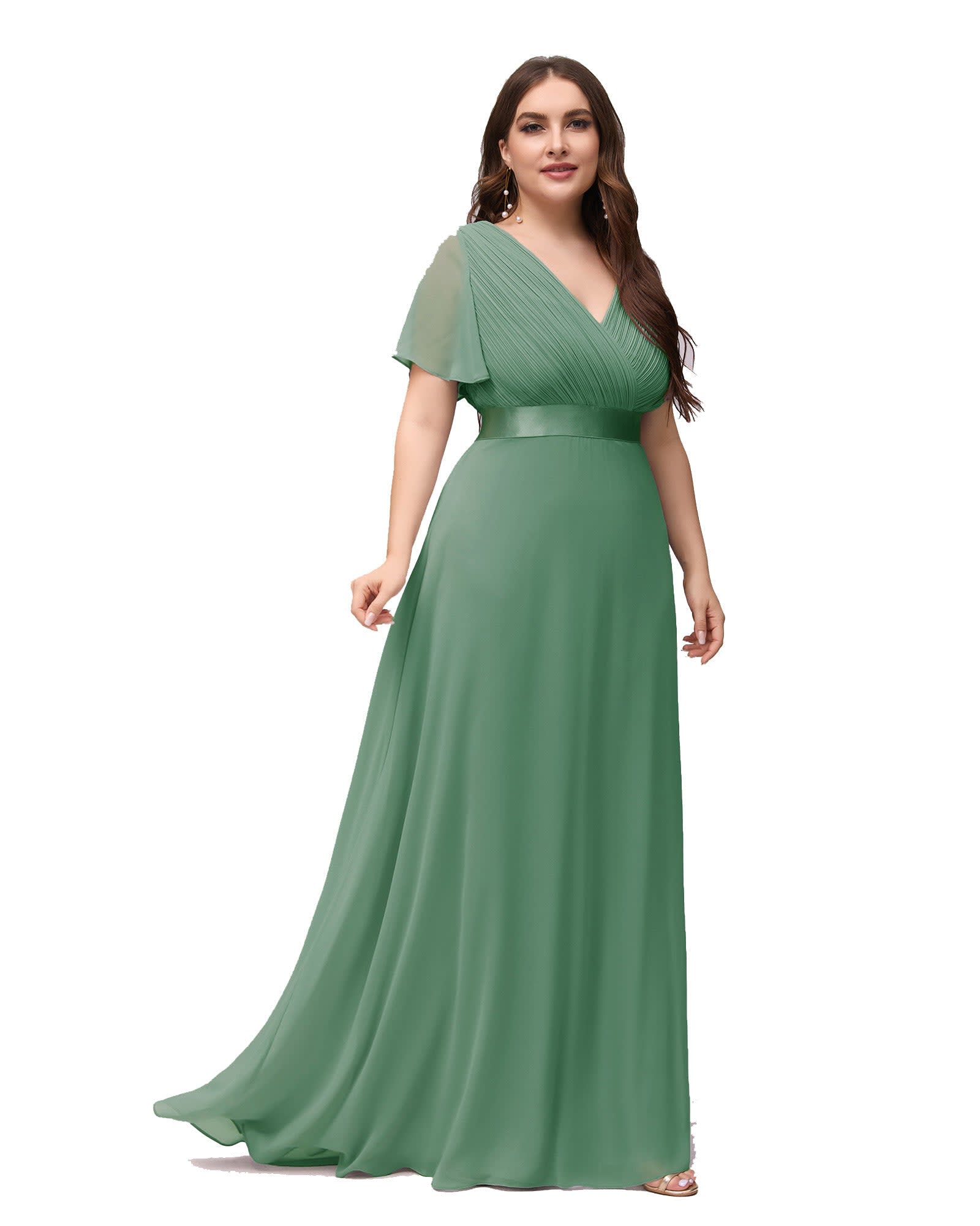 Long Chiffon Empire Waist Bridesmaid Dress with Short Flutter Sleeves | Green Bean